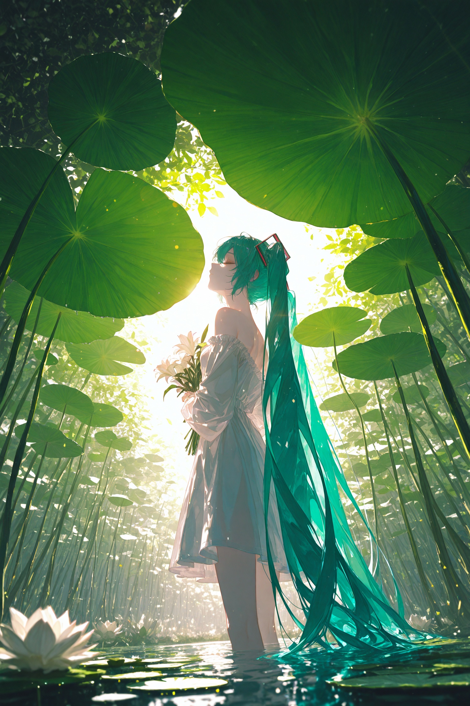 hycg,hysp,dynamic_outline,1girl,solo,long hair,bangs,dress,holding,bare shoulders,twintails,very long hair,closed eyes,flower,water,off shoulder,from behind,white dress,aqua hair,leaf,sunlight,white flower,lens flare,bouquet,off-shoulder dress,holding flower,holding bouquet,lily pad,hatsune miku,from below,(artist:quasarcake:0.6),extreme aesthetic,masterpiece,best quality,backlight,high quality,(Tyndall Effect 1.4),extremely detailed,High Detail,vibrant colors,anime style,cover art,(wanke:0.8),(watercolor \(tira 7:0.8),(lam (ramdayo):0.8),(mochizuki kei:0.8),extreme aesthetic,masterpiece,best quality,good quality,newest,very aesthetic,absurdres,Visual impact,32K UHD,colorful,sharp focus,,,