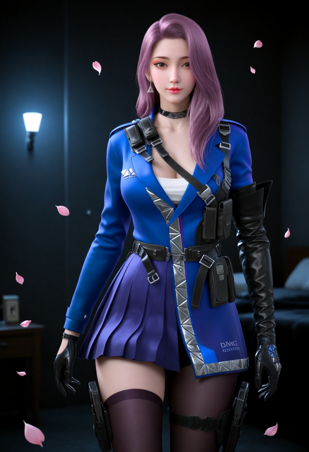 (cowboy shot:1.2),(gigantic breasts:0.6),(slender:1.3),(looking_at_viewer:1.1),(masterpiece:1.1),(best quality:1.2),(intricate details),dim lighting,(smog:1.3),(Dark room:1.3),(dim lighting:1.3),peach blossom,falling petals,<lora:YQ_Illustrious光辉v5_云悠悠保卫者_V1:0.8>,solo,long hair,gloves,pink hair,choker,belt,black gloves,jewelry,earrings,brown eyes,thighhighs,jacket,skirt,holster,blue jacket,purple hair,single thighhigh,asymmetrical legwear,black choker,pantyhose,cleavage,black thighhighs,dress,high heels,strap,thigh strap,thigh holster,pouch,uneven legwear,elbow gloves,masterpiece,(best quality),(intricate details:0.9) BREAK masterpiece,(best quality),(intricate details:0.9),(realistic skin:1.2),