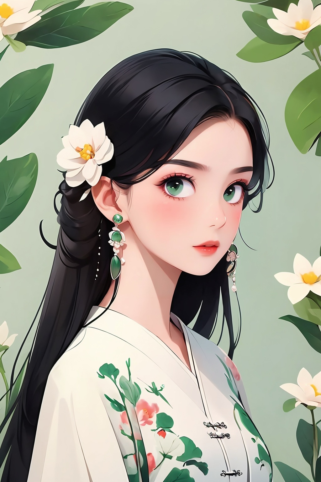 1girl,jewelry,solo,black hair,earrings,hair ornament,looking at viewer,chinese clothes,green eyes,bangs,flower,upper body,hair flower,blush,flower earrings,white flower,<lora:flat fashion illurtation:0.9>,