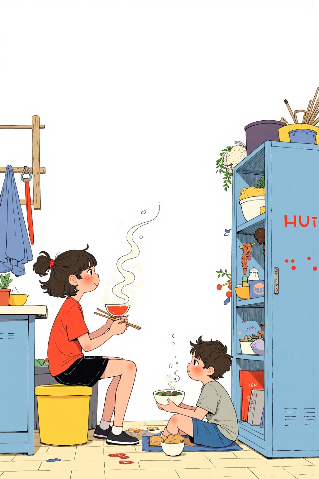 beijihui,A cartoon drawing of a girl in a red t-shirt and black shorts is sitting on a yellow box. She is holding chopsticks in her hands. A boy in a gray shirt is sitting in front of a blue locker. He is holding a white bowl in his hands. There is a blue towel hanging from a wooden rack on the wall behind him. There are red circles on the locker.