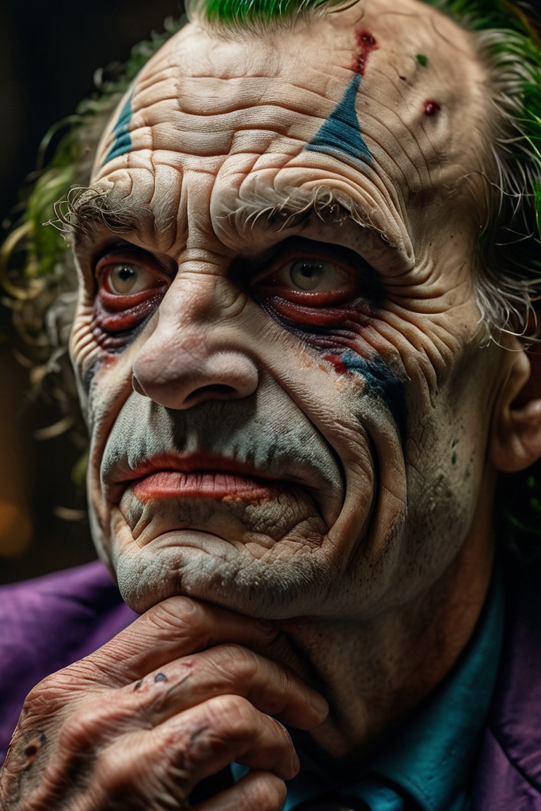 Time-worn Joker,  curled up,  looks at the lens. The wrinkles and marks on his skin represent a past of sorrows and joys o...