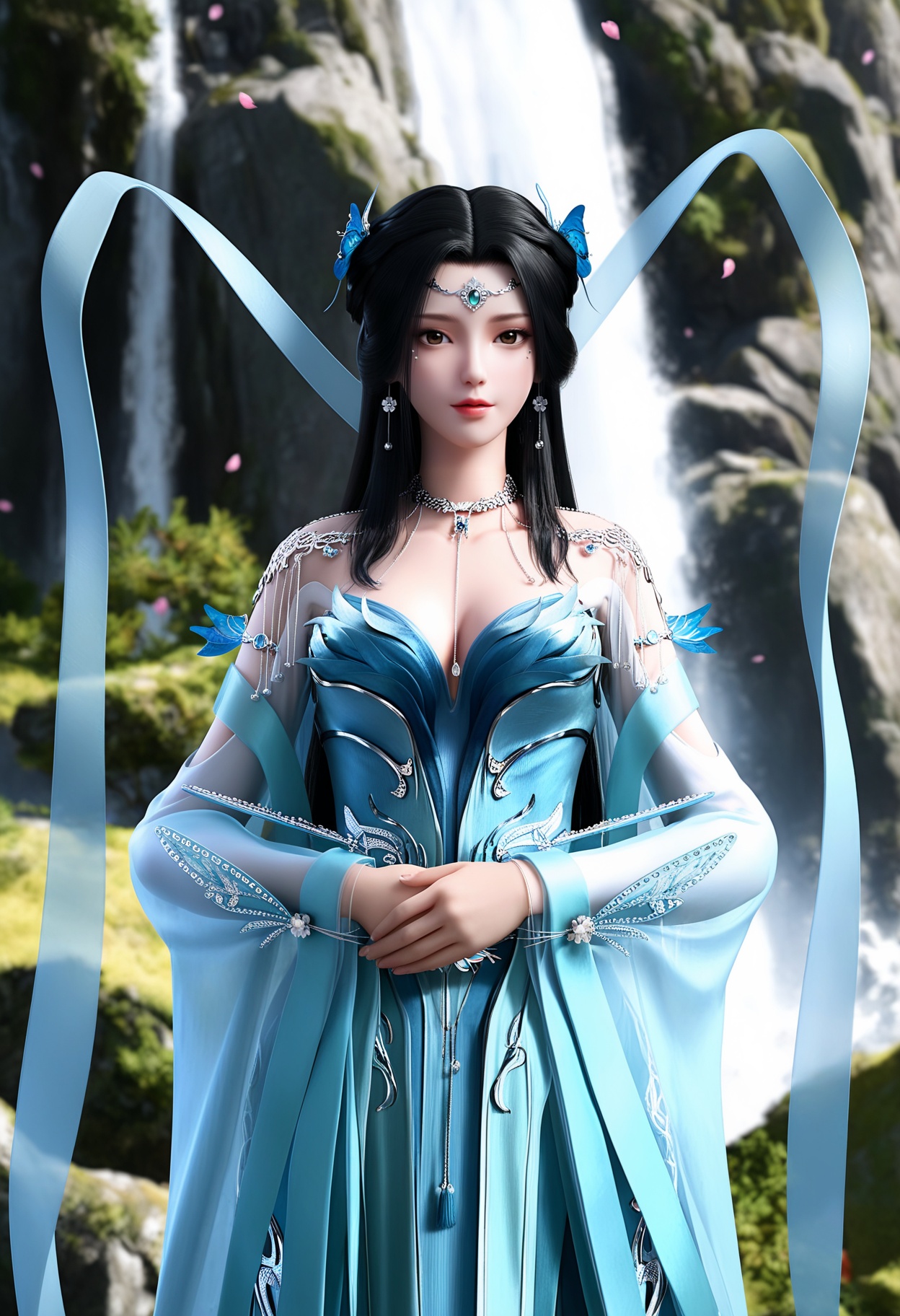 masterpiece,best quality,amazing quality,high resolution,ultra-detailed,absurdres,(looking at viewer:1.1),(upper body:1.3),(moody lighting:1.1),waterfall,peach blossom,falling petals BREAK (large breasts:0.8),jianglisz,1girl,solo,black hair,long hair,hair ornament,jewelry,earrings,necklace,dress,blue dress,butterfly hair ornament,bare shoulders,brown eyes,glowing light blue ribbons,shawl,shoes,blue footwear BREAK photorealistic details,<lora:QQSilljiangliszV1:0.8>,