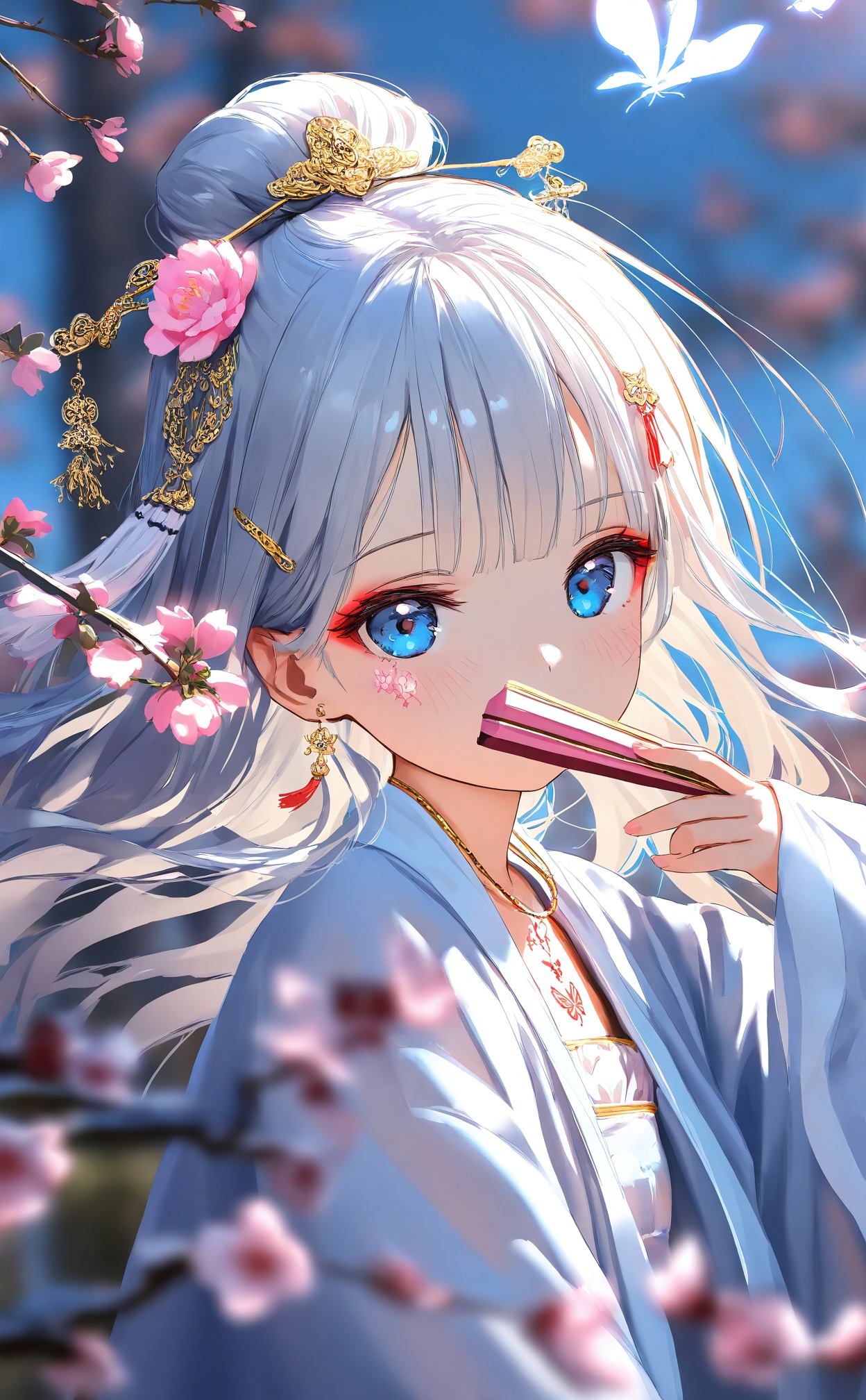 masterpiece,best quality,high quality,loli,chromatic_aberration,Light Blue Theme,//,1girl,hair ornament,hand fan,jewelry,solo,butterfly,bug,holding fan,folding fan,hair flower,holding,flower,looking at viewer,earrings,white hair,blue eyes,necklace,upper body,covering own mouth,blunt bangs,hair bun,long hair,tassel,pink nails,hanfu,blurry,makeup,single hair bun,tattoo,folded fan,chinese clothes,pink flower,eyeshadow,facial mark,covered mouth,eyeliner,tassel hair ornament,hand up,blurry background,long sleeves,tassel earrings,nail polish,hairpin,hairclip,//,year_2023,year_2024,//,official art,depth of field,detailed light,blurry background,cinematic lighting,ray tracing,amazing quality,very aesthetic,absurdres,beast quality,ultra detailed,god rays,backlighting,photo background,film grain,chromatic aberration,volumetric lighting,depth of field,blurry background,shiny skin,floating hair,cinematic lighting,day,very aesthetic,