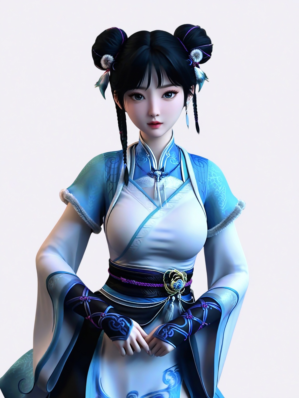 score_9,1girl,solo,double bun,bangs,black hair,dress,chinese clothes,standing, layered sleeves,eyelashes,braid,breasts,large breasts,lipstick,cowboy shot, looking at viewer,white background,simple background,<lora:SF_NingXiaoLing_Pony_Realism2.3-000004:0.7>,
