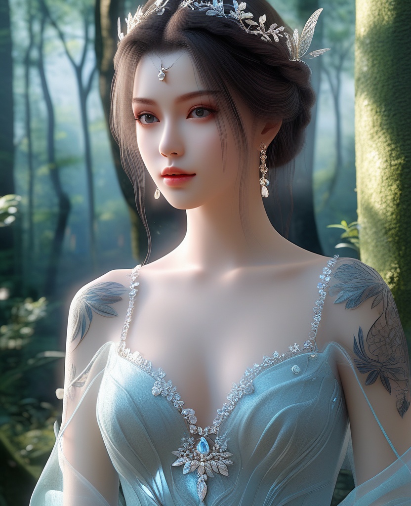 <lora:592-DA-XL-星辰变-姜立:0.8>(,1girl, ,best quality, ),looking at viewer,  ,ultra detailed background,ultra detailed background,ultra realistic 8k cg,(masterpiece:1.2),(best quality:1.2),(ultra detailed:1.2),(official art:1.3),(beauty and aesthetics:0.8),detailed,(intricate:0.8),(highly detailed),(solo),delicate countenance,1girl,fancy,(glassy texture:1.2),(crush:1.2),8k,accessory,tattoo,(transparent:1.1),gown,energy encirclement,instant,in the twinkling of an eye,upper body,woman in a mythical forest, masterpiece, perfect face, intricate details, horror theme, raw photo, photo unp(cleavage),,