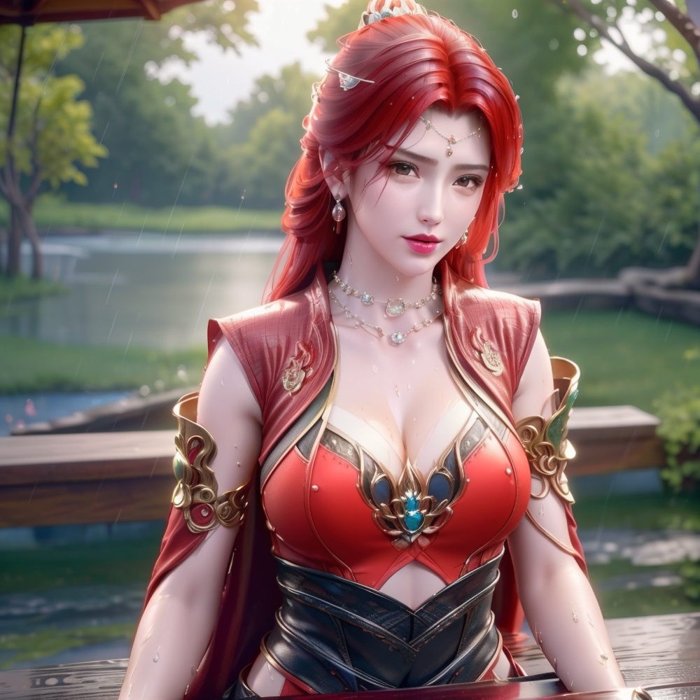 <lora:斗破苍穹-唐火儿:1>red hair,  (,1girl, ,best quality, ),looking at viewer, ,ultra detailed 8k cg, ultra detailed background,  ultra realistic 8k cg,          cinematic lighting, cinematic bloom, (( , )),,  , unreal, science fiction,  luxury, jewelry, diamond, pearl, gem, sapphire, ruby, emerald, intricate detail, delicate pattern, charming, alluring, seductive, erotic, enchanting, hair ornament, necklace, earrings, bracelet, armlet,halo,masterpiece, (( , )),, realistic,science fiction,mole, ,cherry blossoms,(((, , ultra high res, (photorealistic:1.4), raw photo, 1girl, wet clothes, rain, sweat, ,wet, )))(( , ))   (cleavage), (),