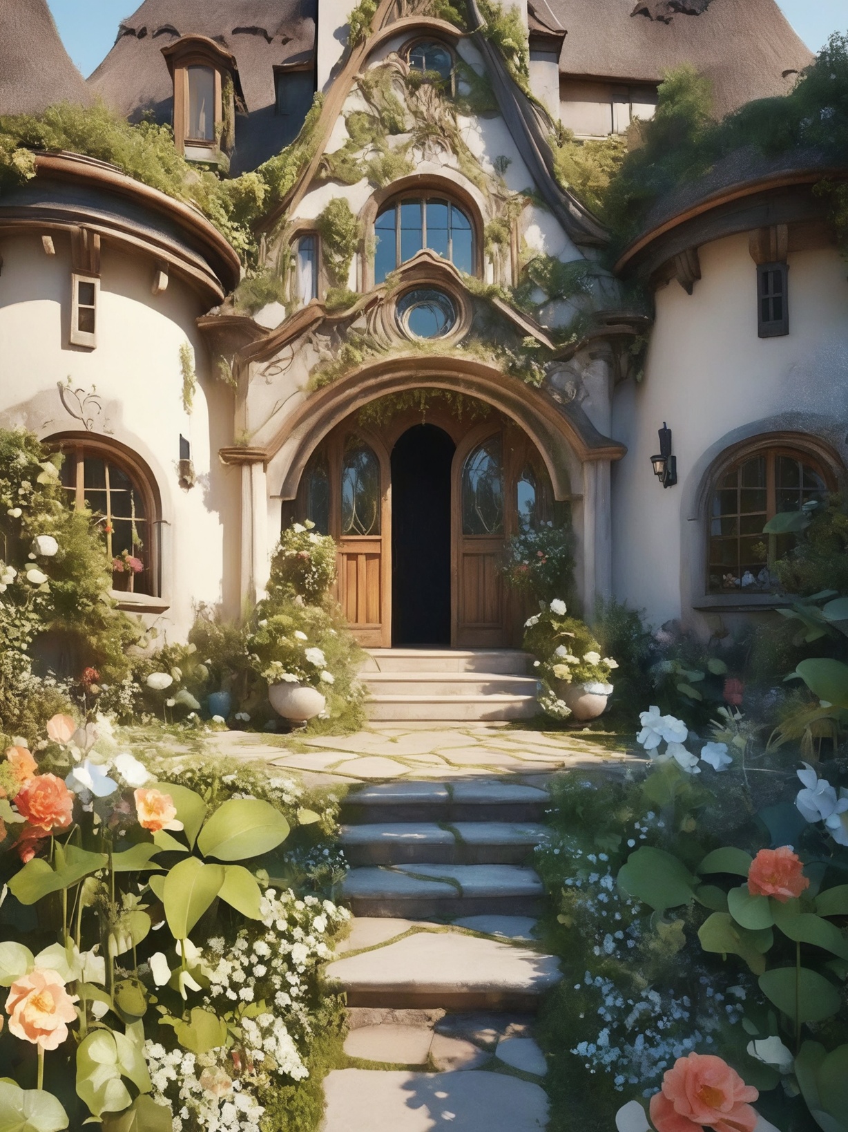 A captivating 3D render of a breathtaking residence,  seamlessly merging Storybook Cottage and Art Nouveau styles. The enc...