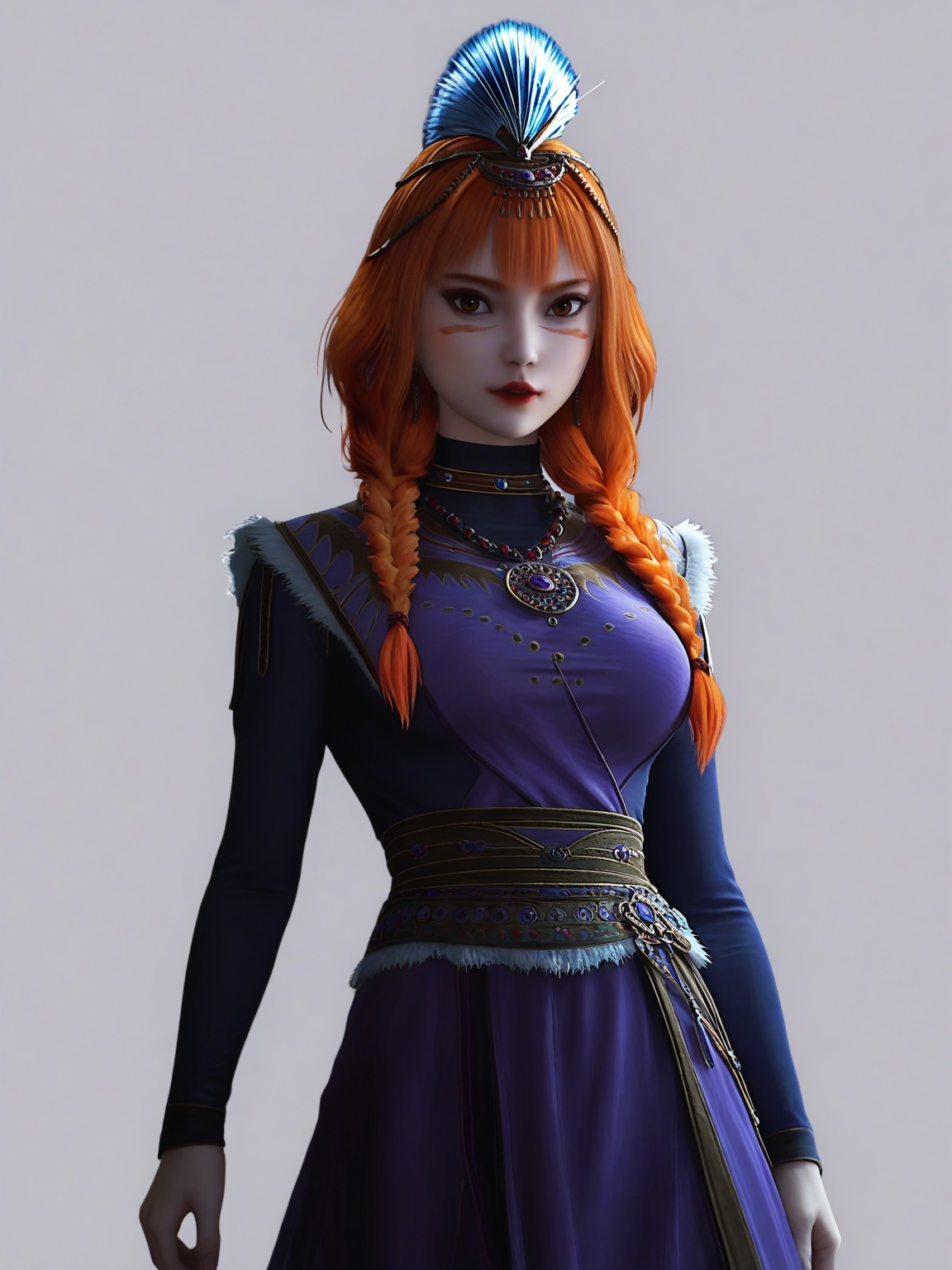 score_9,<lora:SF_SiYuDan_Pony_Realism2.3-000004:0.7>,1girl,solo,dress,orange hair,bangs, large breasts,multiple braids,twin braids,facepaint,facial mark,feathers,hair over shoulder,long sleeves,lipstick, hair ornament,standing,looking at viewer,white background,