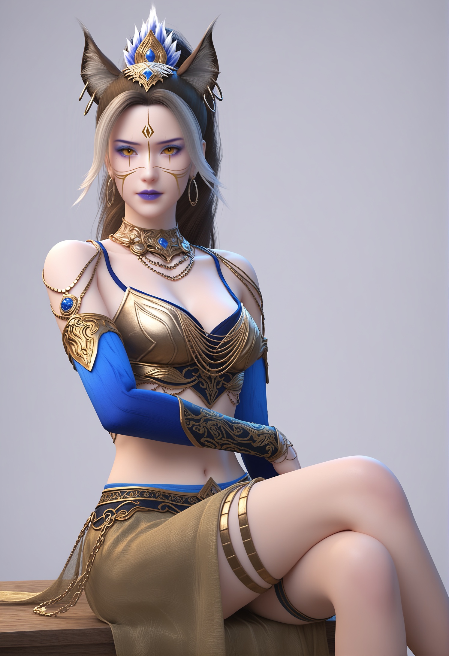 score_9,score_8_up,score_7_up,1girl,solo,realistic,(looking at viewer:1.1),sitting,(crossed_legs:1.3),1girl,solo,realistic,dress,brown skirt,(long skirt:1.2),(mouth_veil:1.1),veil,see-through,midriff,armor,detached sleeves,navel,multicolored hair,thigh strap,blue gemstone,gold trim,gold chain,blue nails,animal ears,animal ear fluff,1girl,solo,realistic,jewelry,hair ornament,fox ears,cat ears,head chain,hoop earrings,neck ring,necklace,collar,1girl,solo,realistic,(mature face:1.2),big eye,(pale_skin:1.1),shiny_skin,slender face,long hair,brown hair,grey hair,streaked hair,split-color hair,two-tone hair,ponytail,forehead mark,facepaint,facial mark,slit pupils,yellow eyes,blue eyeshadow,purple eyeshadow,mole,mole under eye,bare shoulders,purple lips,closed mouth,realistic,solid background,simple background,(magazine cover theme:0.75),(white chair:0.8),small_breasts,<lora:小巳-风羽长老pony:0.85>,