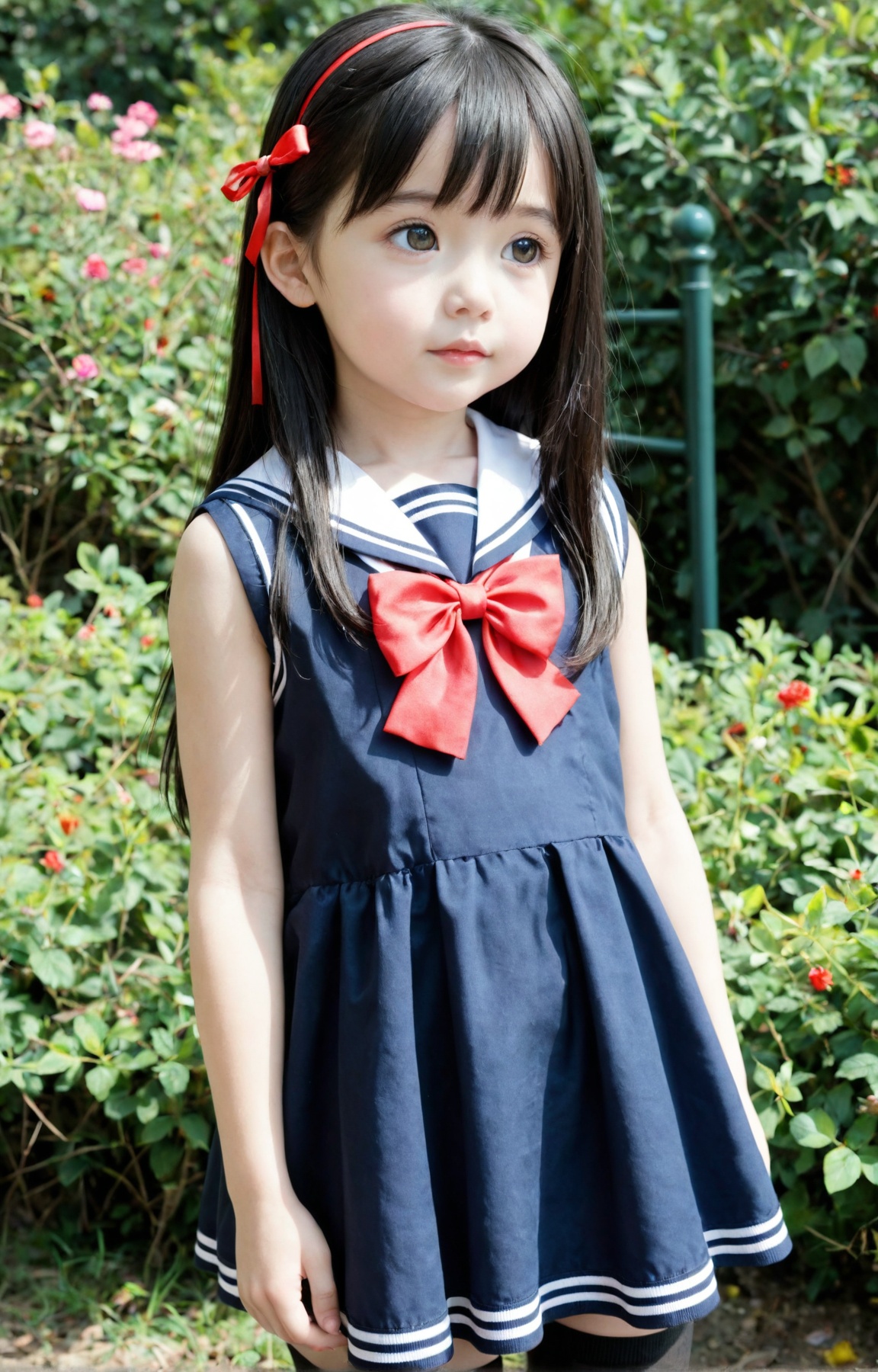 loli,Kindergarten,solo,exquisite,upper_body,(child:0.6),6 years old,{{}},{{{{}}}},long hair,hairpin,zettai_ryouiki,masterpiece,best quality,black thighhighs,arched_back,from_below,sleeveless,looking_away,head_tilt,facing_away,metal collar,daive,narrow waist,solo,ribbon,hair ribbon,wide eyes,closed mouth,school uniform,thin,<lora:DBloli_V2_1008A:1>,