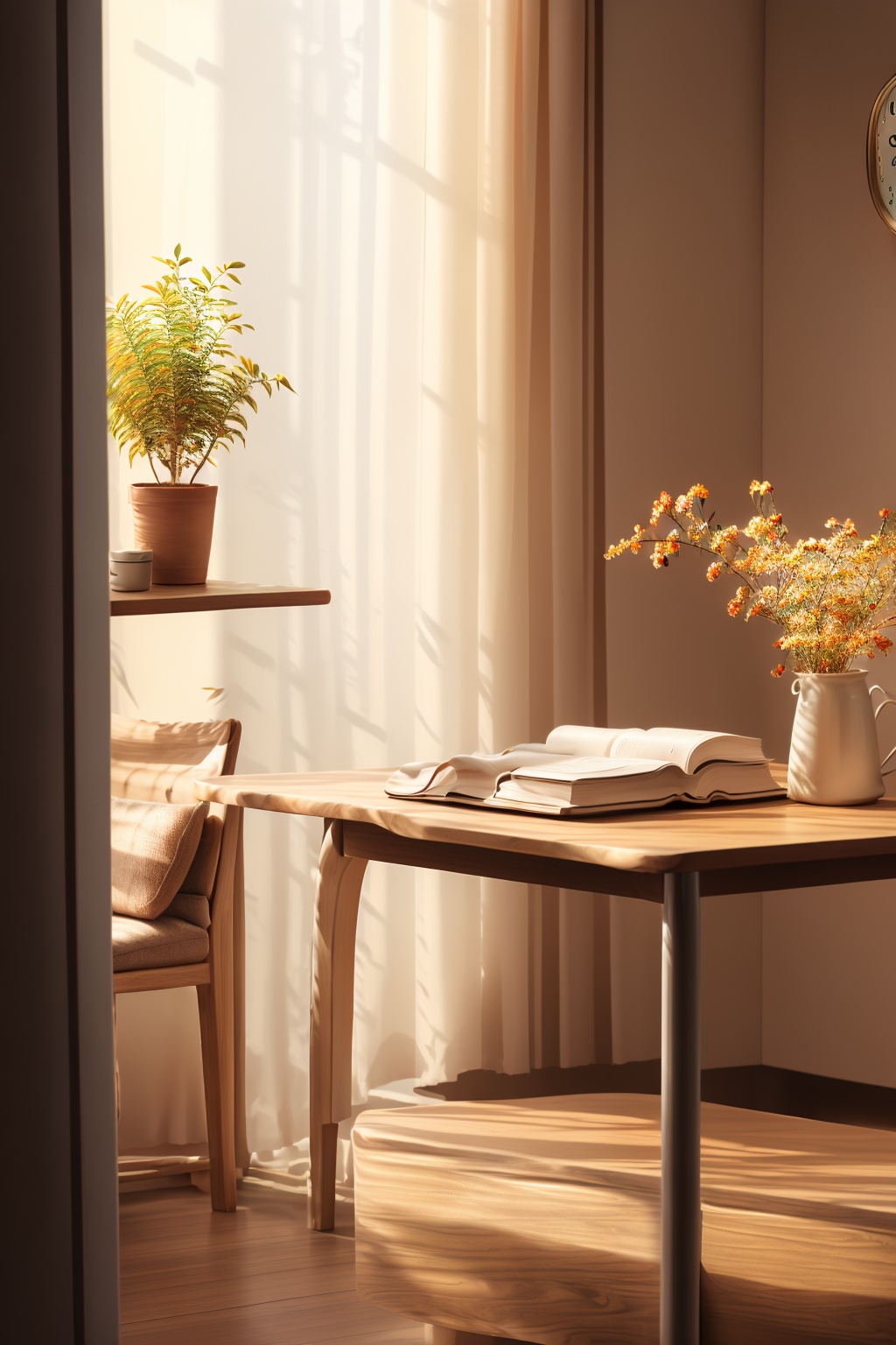 product photography,indoor,indoors,book,no humans,chair,table,scenery,desk,clock,potted plant,