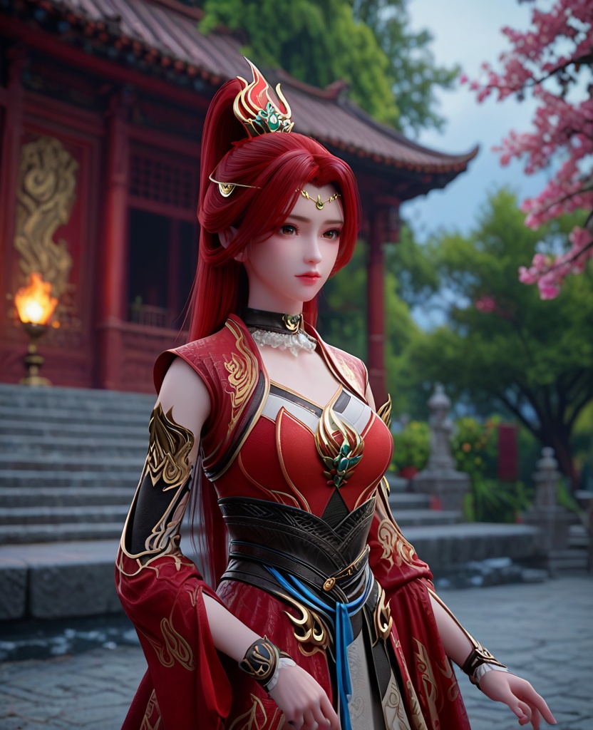 (oriental architecture, elegant decor, sophisticated style:1.1),(practicing yoga, tree pose:1.1),looking at viewer,(breasts:1.2),<lora:XL斗破苍穹唐火儿:0.95>,miss tanghuoer,red dress,brown eyes,red hair,ponytail,hair ornament,long hair,choker,asymmetrical sleeves,sash,skirt,, score_9,score_8_up,score_7_up,score_6_up,score_5_up,score_4_up,3d rendering,tag1,tag2, Cinematic Lighting,backlighting,, zPDXL3, zPDXL2,zPDXL, zPDXLxxx, zPDXLrl,