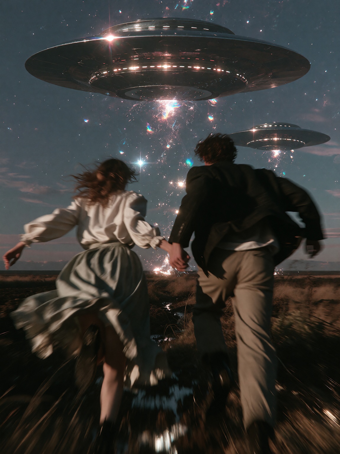 [SUBJECT & COMPOSITION] A dynamic,  heavily motion-blurred rear-view tracking shot following two youthful figures running...