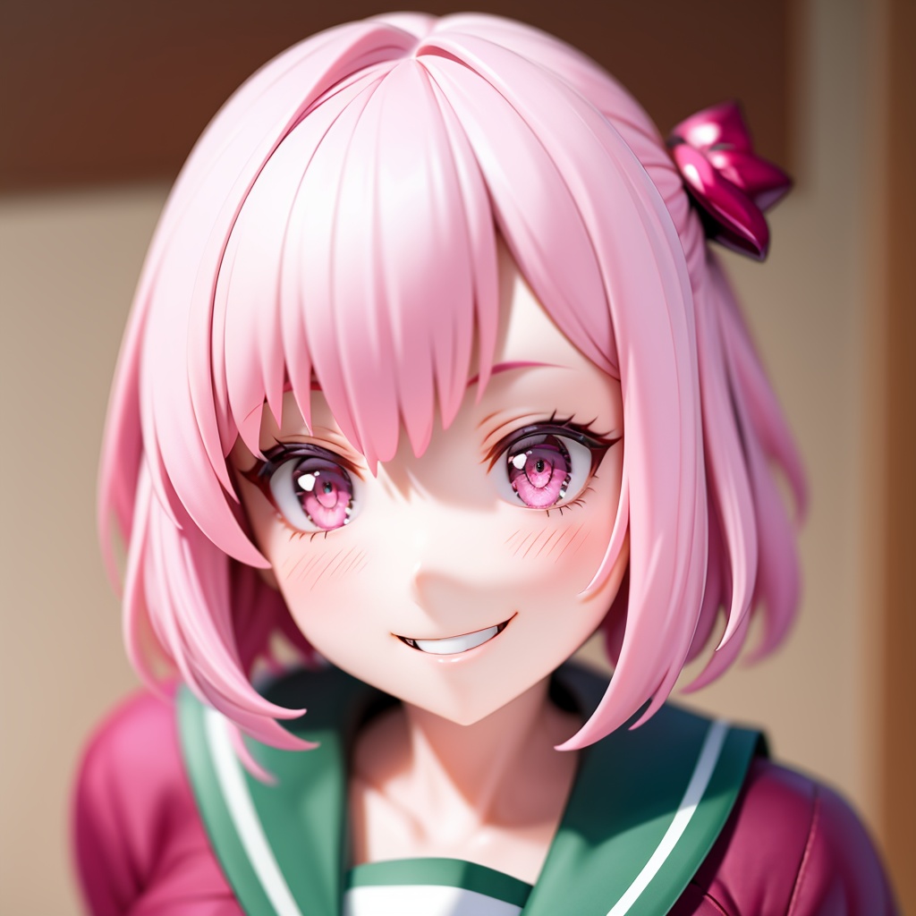 1girl, solo, pink hair, smile, pink eyes, momo velia deviluke, hair ornament, school uniform, short hair, sailor collar, blush, blurry, blurry background, portrait, grin, looking at viewer, green sailor collar, shirt