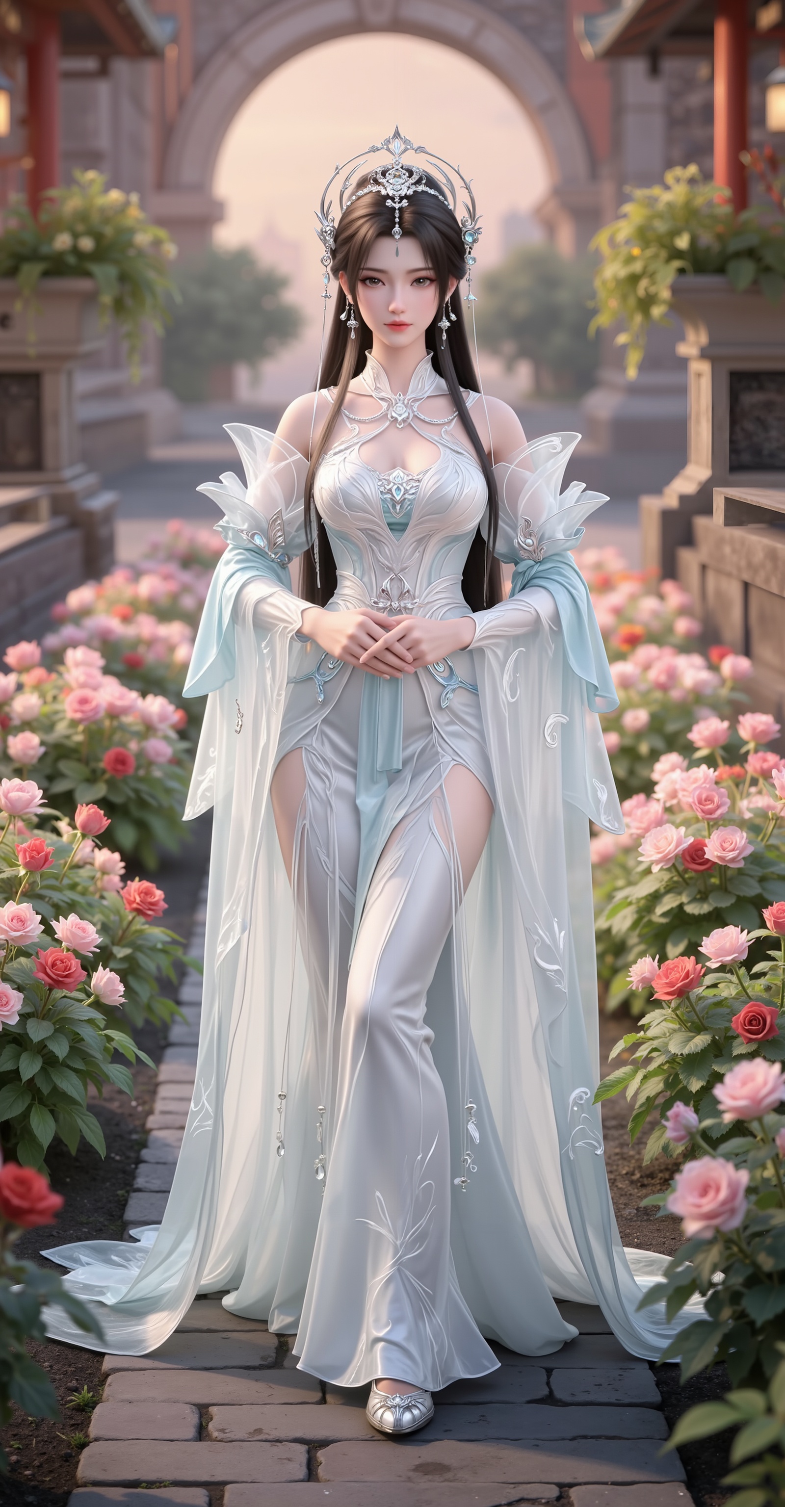 <lora:清漪·新建模6:1.1>,qingyi,(cowboy_shot:1.2),In "Perfect World",Qingyi,dressed in a magnificent white dress,strolls leisurely among the vibrant flower beds. Her extraordinary and refined demeanor,like a fairy descending to the mortal world,adds a touch of mystery and perfection to this beautiful picture,captivating the heart and soul.,<lora:DJ滤镜_2.5D版:0.2>,lvjing,<lora:油画唯美滤镜15:0.3>,baoshi,