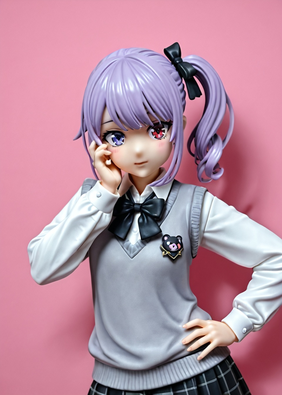 This digital anime-style illustration features a cute girl with long purple hair, styled in a side ponytail with a black bow. She has heterochromia with one blue and one red eye. She wears a gray sweater vest, black plaid skirt, and a black bow tie. She stands confidently, one hand on her hip and the other touching her cheek. The background is a soft, pastel room with a plush, pink bear.