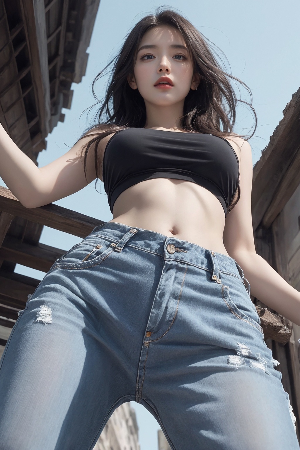 masterpiece, best quality, masterpiece,best quality,official art,extremely detailed CG unity 8k wallpaper,woman, (((from below))), busy city, foreshortening, (seductive pose), looking at viewer, mad, blackcutoffs, (eye contact), african,  photorealistic, masterpiece, realistic, high contrast, hyper detailed, best quality, ultra high res, photorealistic, high resolution, detailed, raw photo, <lora:povsitting:0.8>