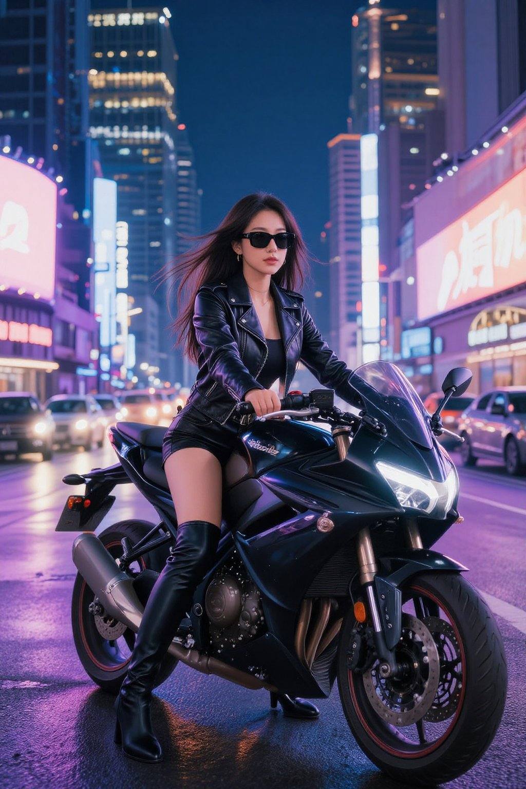 创作一幅夜幕下的都市场景，画面中一位自信的年轻女性坐在一辆线条流畅的黑色摩托车上。她拥有一头飘逸的长发，戴着时尚的黑色太阳镜，在璀璨的城市灯光映衬下熠熠生辉。她身着黑色修身皮夹克和黑色过膝长靴，尽显大胆前卫的风格。背景中五彩缤纷的霓虹灯和大型电子广告牌照亮了街道，营造出时代广场般繁华都市的活力氛围。街道略微湿润，反射着明亮的灯光，为路面增添了一抹光泽。摩托车应采用闪亮的镀铬工艺，凸显其现代设计。构图应以女性和摩托车为中心，背景则以壮丽的城市景观为主，展现高楼林立和车水马龙的景象。使用深蓝色和紫色调来增强夜晚的氛围，并以霓虹灯的亮色点缀。整体氛围应充满活力和冒险精神，捕捉都市夜生活的精髓。