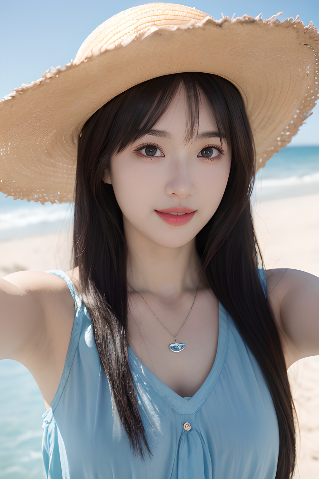 <lora:0811_03:0.7>,araffe girl with long hair wearing a straw hat and blue dress, 1girl, solo, hat, straw hat, long hair, looking at viewer, necklace, jewelry, heart necklace, smile, heart, brown hair, bangs, day, beach, outdoors, upper body, black hair, sunlight, closed mouth, swimsuit, selfie, sky, ocean,, 1girl,realistic,masterpiece, best quality, photorealistic, HDR,detail