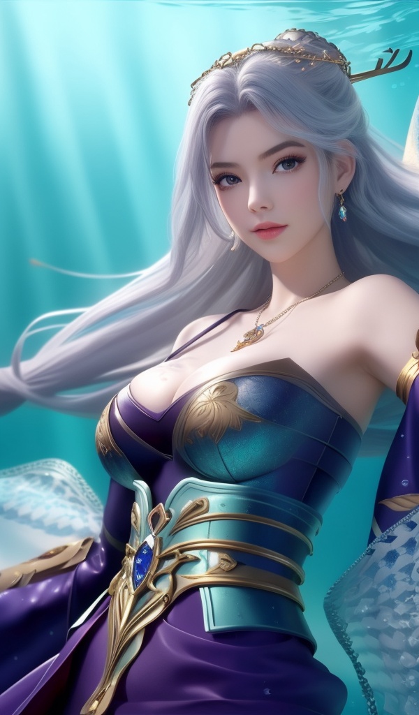 <lora:716-DA-师兄啊师兄-云霄-紫服:0.8>(,1girl, ,best quality, ),looking at viewer,masterpiece, ((((, solo,  , ,solo focus, ,underwater, )))) ,ultra realistic 8k cg,   clean, masterpiece,     cinematic lighting, cinematic bloom,  (( , )),, , unreal, science fiction, luxury, jewelry, diamond, gold, pearl, gem, sapphire, ruby, emerald, intricate detail, delicate pattern, charming, alluring, seductive, erotic, enchanting, hair ornament, necklace, earrings, bracelet, armlet,,(cleavage),