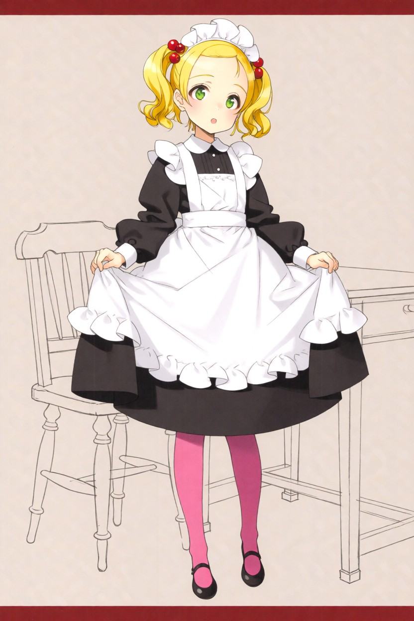 Full-body anime illustration of a young maid girl. She has short blonde hair tied into curly pigtails with tiny red cherry...