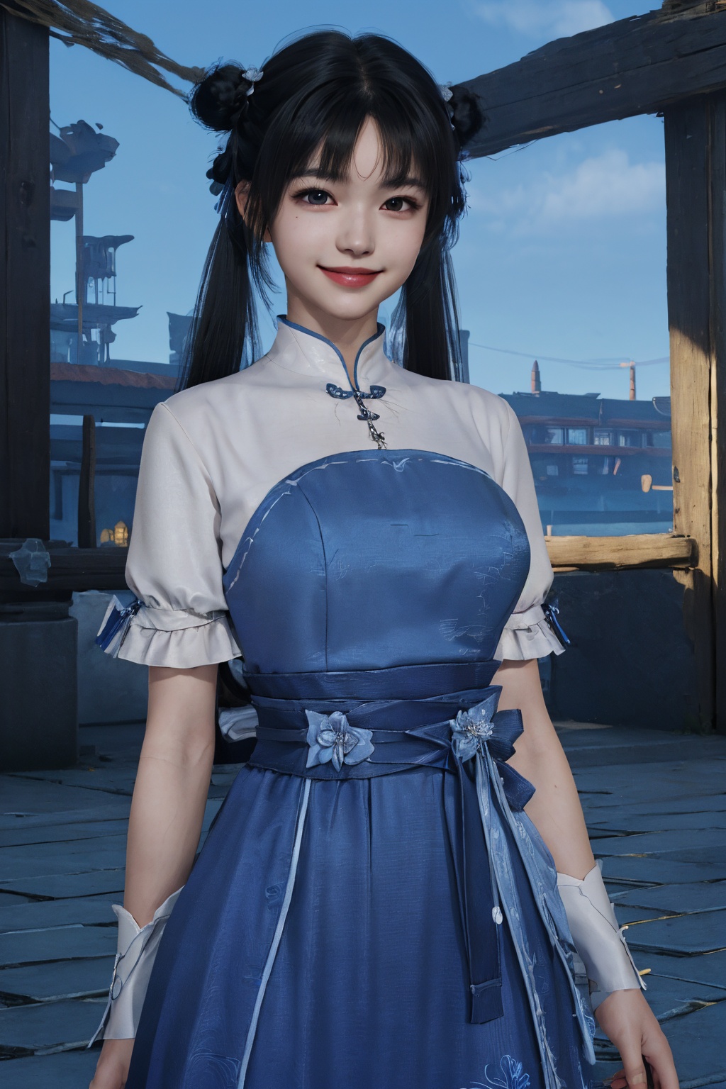 masterpiece,best quality,extremely detailed 8K wallpaper,1girl,zhaolinger,blue and white dress,hair bun,bangs,twintails,black hair,standing,looking at viewer,large breasts,smile,