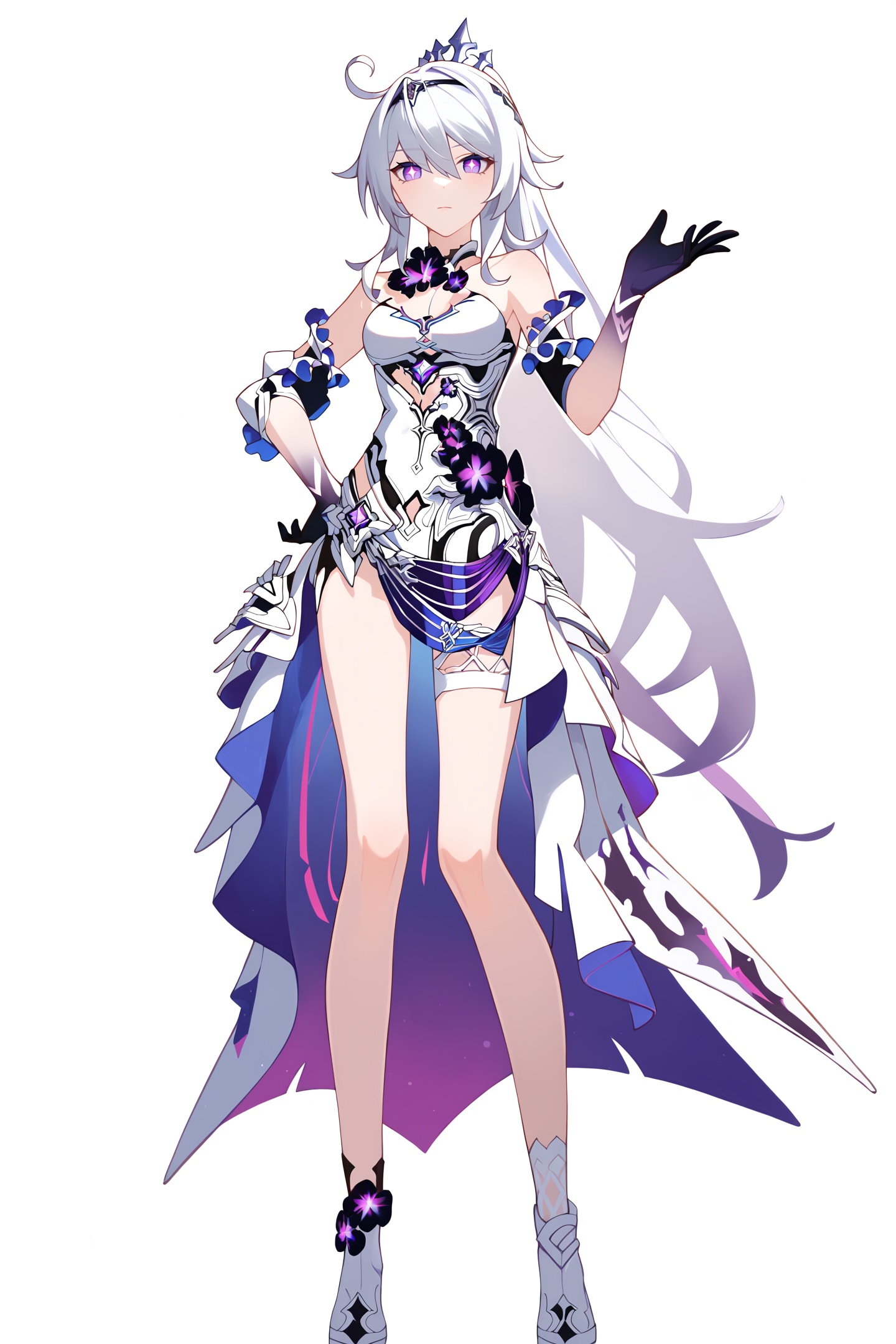 score_9,score_8_up,score_7_up,score_anime,8k,best quality,masterpiece,(ultra-detailed),(high detailed skin),(by nanoless, by misumi \(macaroni\),:0.5),<lora:YLI 0.1v:0.25>,<lora:style1:0.25>,A full-body portrait of a young girl,standing gracefully,pastel art style,high-key lighting,shoujo manga influence,hd quality,delicate details,full body,full shot,standing,looking at viewer,(solo:1.2),simple background,white background,hand on own hip,<lora:zhongyannew-pony-Tanger-000018:0.8>,kiana zhongyan, 1st clothes, clothes: zhongyan white High-Low Dress, purple cross-shaped pupils, 1girl, black gloves, purple eyes, white hair, tiara - style ponytail band,