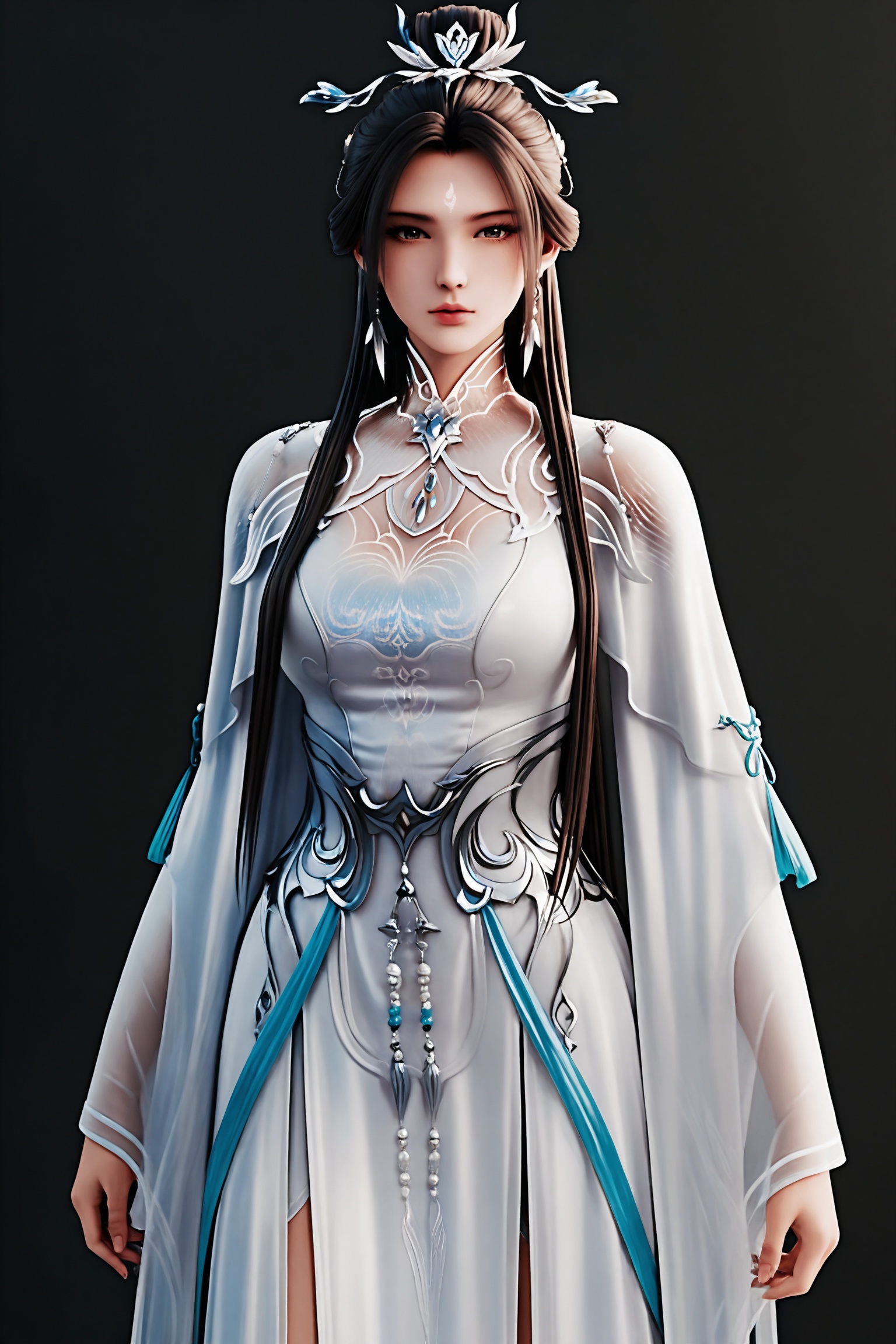 black background,standing,looking at viewer,upper body, 1girl,lxq\(zx\),long hair,hair ornament,hair bun,hair bun,forehead mark,earrings,jewelry,white dress,chinese clothes,long sleeves,