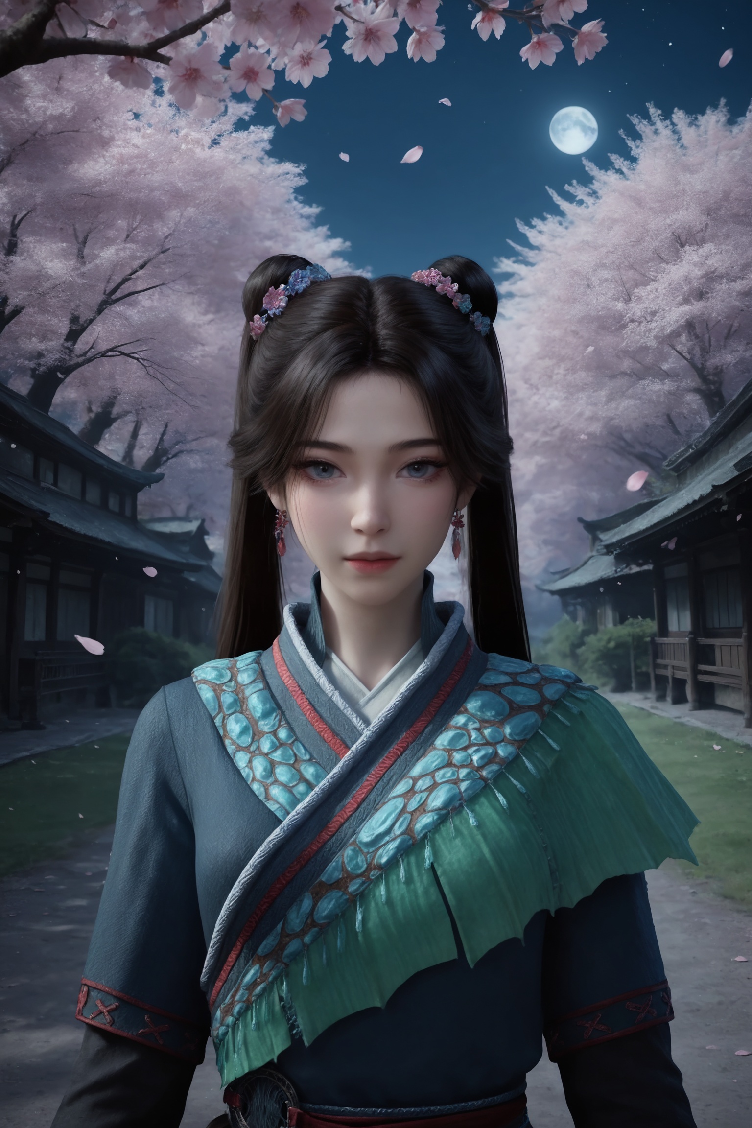 masterpiece,best quality,solo,1girl,upper body,petals,looking at viewer,moon,branch,cherry blossoms,flower,extreme aesthetic,(quasarcake:0.7),masterpiece,best quality,good quality,newest,very aesthetic,absurdres,A shot with tension,(Visual impact,giving the poster a dynamic and visually striking appearance:1.2),impactful picture,offcial art,colorful,splash of color,movie perspective,photo realistic,masterpiece,best quality,soft glow,skin texture,<lora:凡人-梅凝-天南大陆ILL:0.7>,1girl,long,straight black hair,two high ponytails,hairpins,traditional Chinese outfit,featuring a blue,high-collared tunic with intricate embroidery along the neckline and sleeves.,