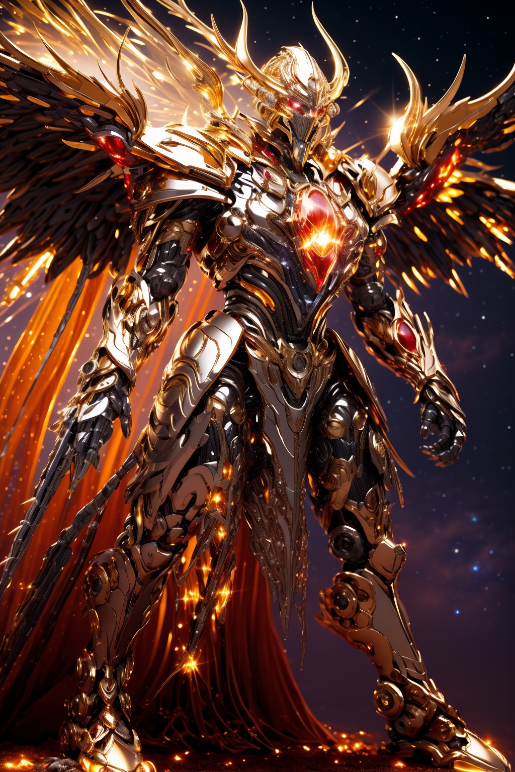 hjyzbrobot,big robo wings,mecha,(Raise legs high:1.2),robot sleek and smooth helmet,gold,glowing gold armor,masterpiece,best quality,(highly detailed),1girl,long hair,white hair,cyborg,(full body:1.2),day light,bright light,wide angle,shining sparks,(((ruby))),walking,sun set,(((star background ))),<lora:hjyzbrobot-000007:0.8>,<lora:hjyzb-000007:0.2>,<lora:hjyrobo5-000010:0.5>,((glowing ruby)),wide angle,border space,space copy,