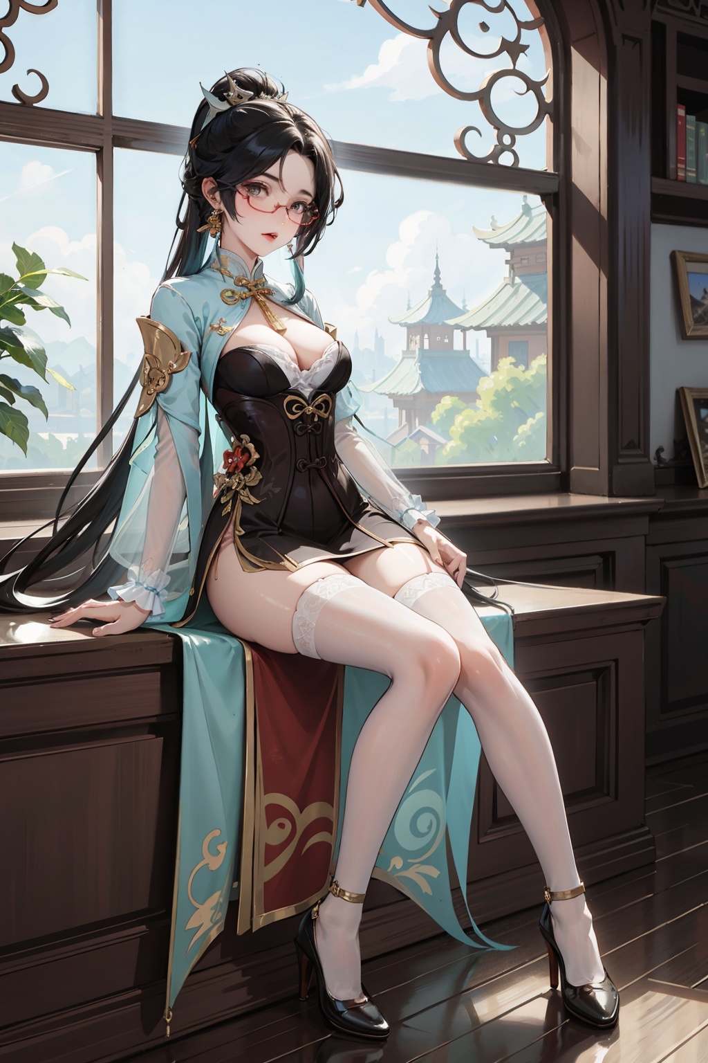 genshin_impact,Cloud Retainer,liuyunjiefeng, liuyunjiefeng_(genshin_impact),1girl, glasses, bush, solo, black_hair, long_hair, semi-rimless_eyewear, dress,full body,Large chest,long legs, in the home,high heels,high-heeled shoes,White stockings,silk tights,Translucent silk corset,White translucent silk corset <lora:小泽_genshin_impact_CloudRetainer_liuyunjiefeng_留云:0.3>