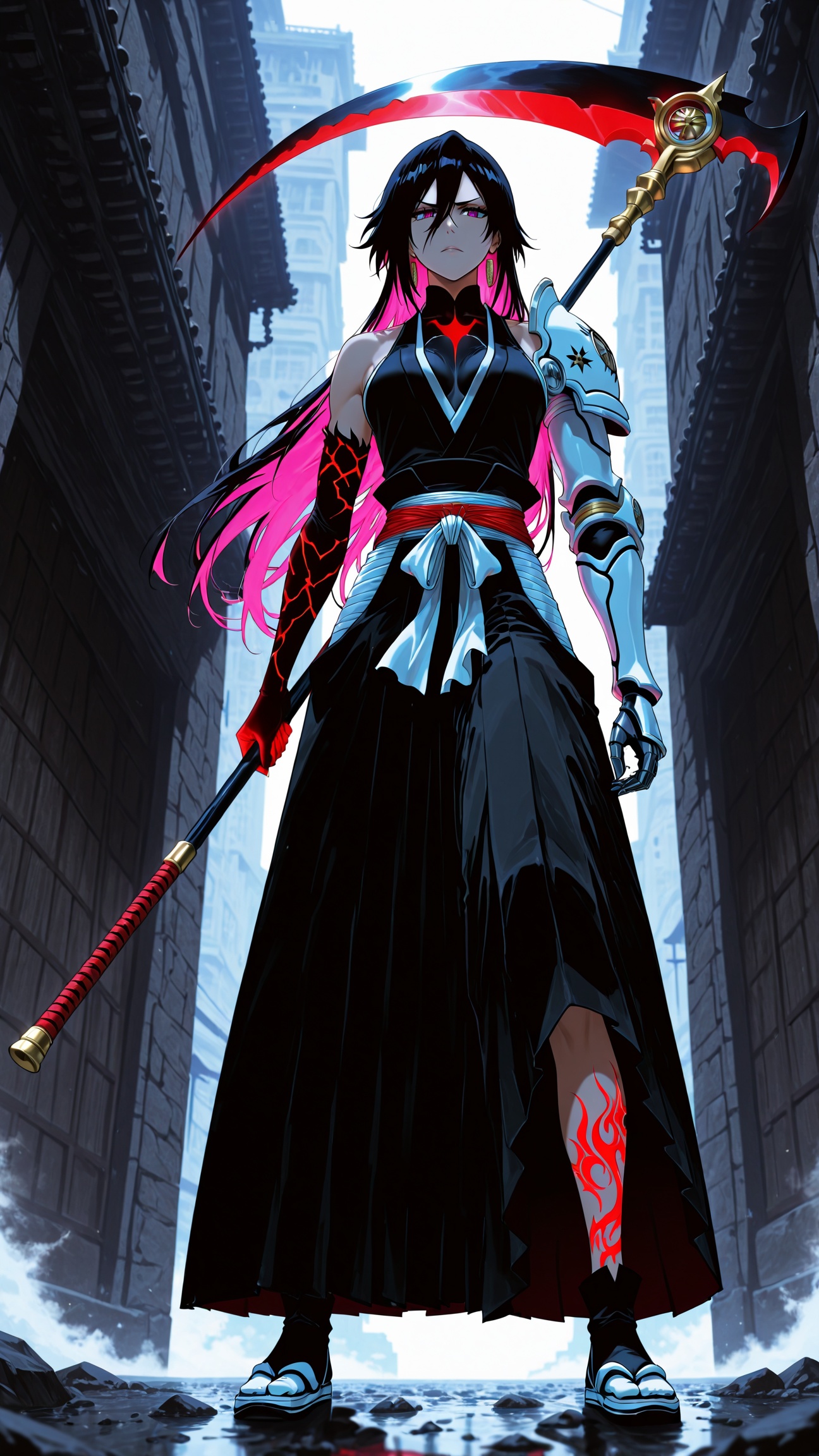 XUER Dark girl,holding scythe,leg tattoo,single mechanical arm,(masterpiece,bestquality:1.2),zarakikenpachi,zarakikenpachi(bleach),bleach,blackhakama,tensazangetsu(bankai),1boy,malefocus,solo,Ashotwithtension,(Visualimpact,givingtheposteradynamicandvisuallystrikingappearance:1.2),impactfulpicture,(masterpiece,bestquality:1.2),offcialart,movieperspective,advertisingstyle,magazinecover,veryaesthetic,disheveledhair,veryaesthetic,illustration,disheveledhair,perfectcomposition,moistskin,intricatedetails,