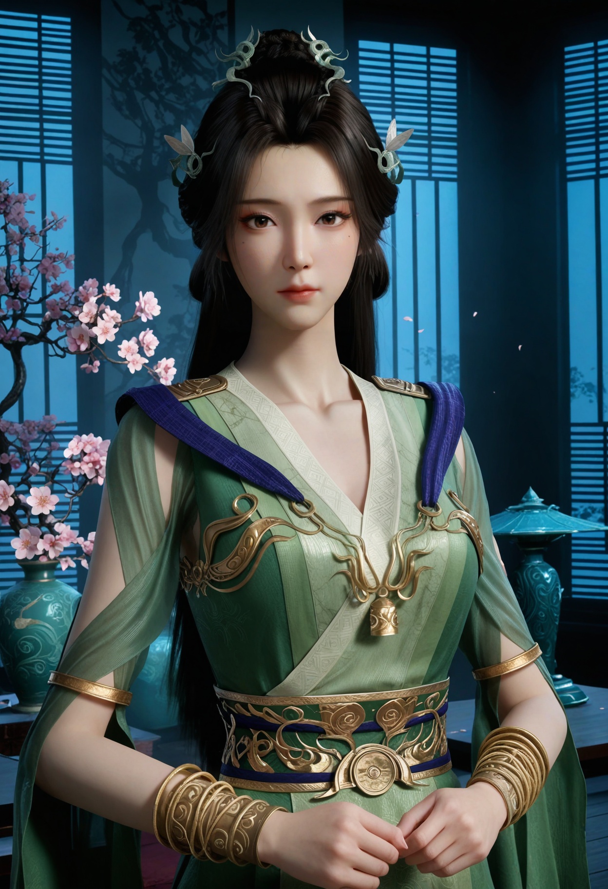 (looking at viewer:1.1),upper body,(Dark room:1.3),(moody lighting:1.1),peach blossom,falling petals,(large breasts:0.8),hanyunzhi,1girl,solo,black hair,long hair,hair ornament,green dress,realistic,dress,closed mouth,jewelry,bracelet,chinese clothes,sash,brown eyes,hair bun BREAK masterpiece,(best quality),(intricate details:0.9),(realistic skin:1.2),<lora:QQSillhanyunzhiV1:0.8>,