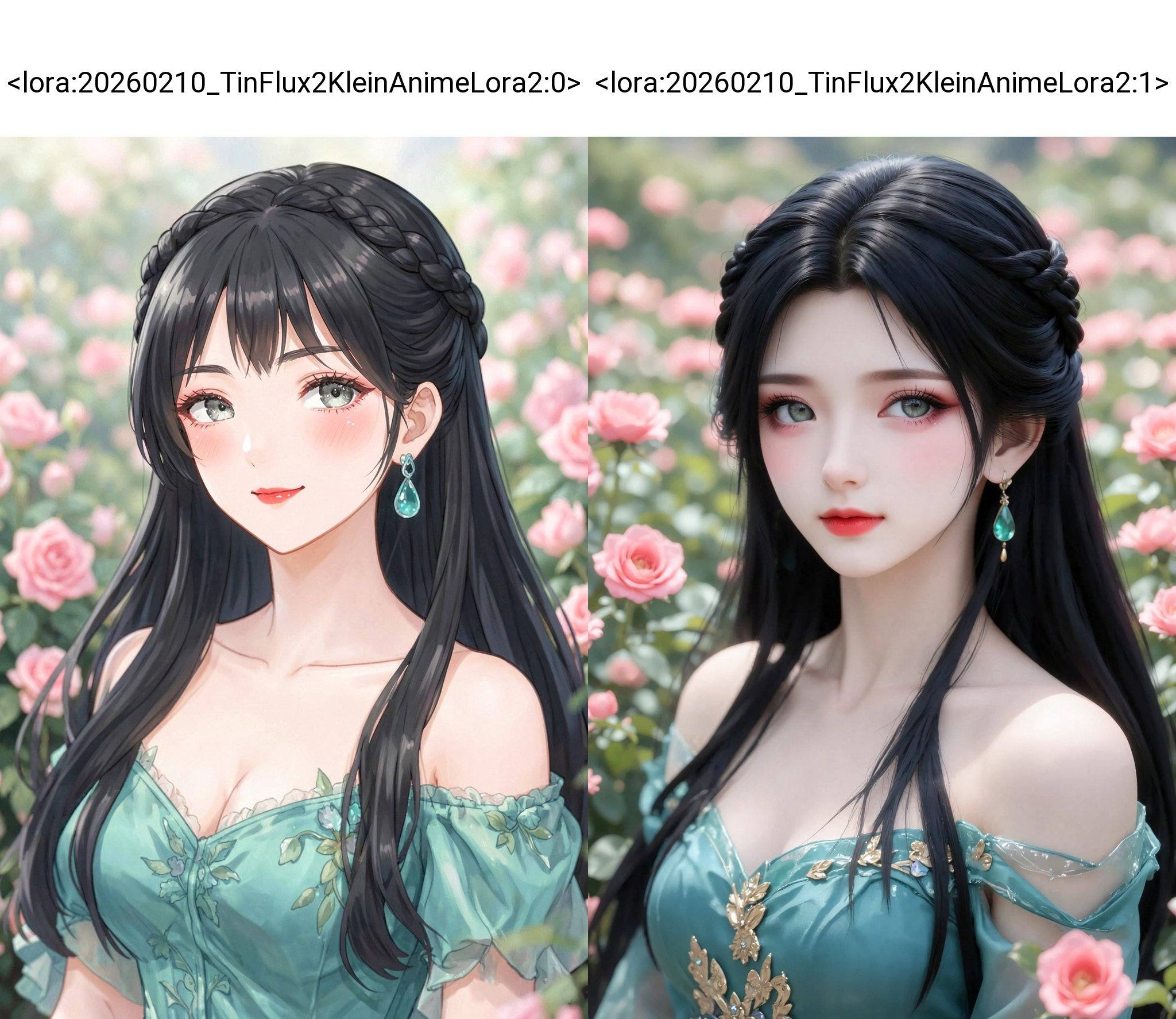 <lora:20260210_TinFlux2KleinAnimeLora2:0>, A portrait of a young Asian woman, rendered in a soft, idealized anime style. The woman appears in her early twenties, fair-skinned, with large, expressive gray-green eyes, subtly enhanced with makeup. Her long, flowing black hair is styled with a braided crown and cascading strands. She wears an elegant, ethereal teal-green dress with off-the-shoulder sleeves and a delicate neckline. The outfit is adorned with floral accents. Her lips are full and painted a vibrant red, and her cheeks are softly blushed. She wears a single earring with a teardrop-shaped turquoise accent. Her expression is serene and gentle, with a slight, inviting smile. She's surrounded by a field of soft pink roses, out of focus in the background. The lighting is soft and diffused, creating a dreamy, romantic atmosphere. The composition uses a shallow depth of field, bringing the woman into sharp focus while blurring the background. The overall mood is peaceful and idyllic, with a touch of fantasy. The image is reminiscent of romanticized classical paintings.