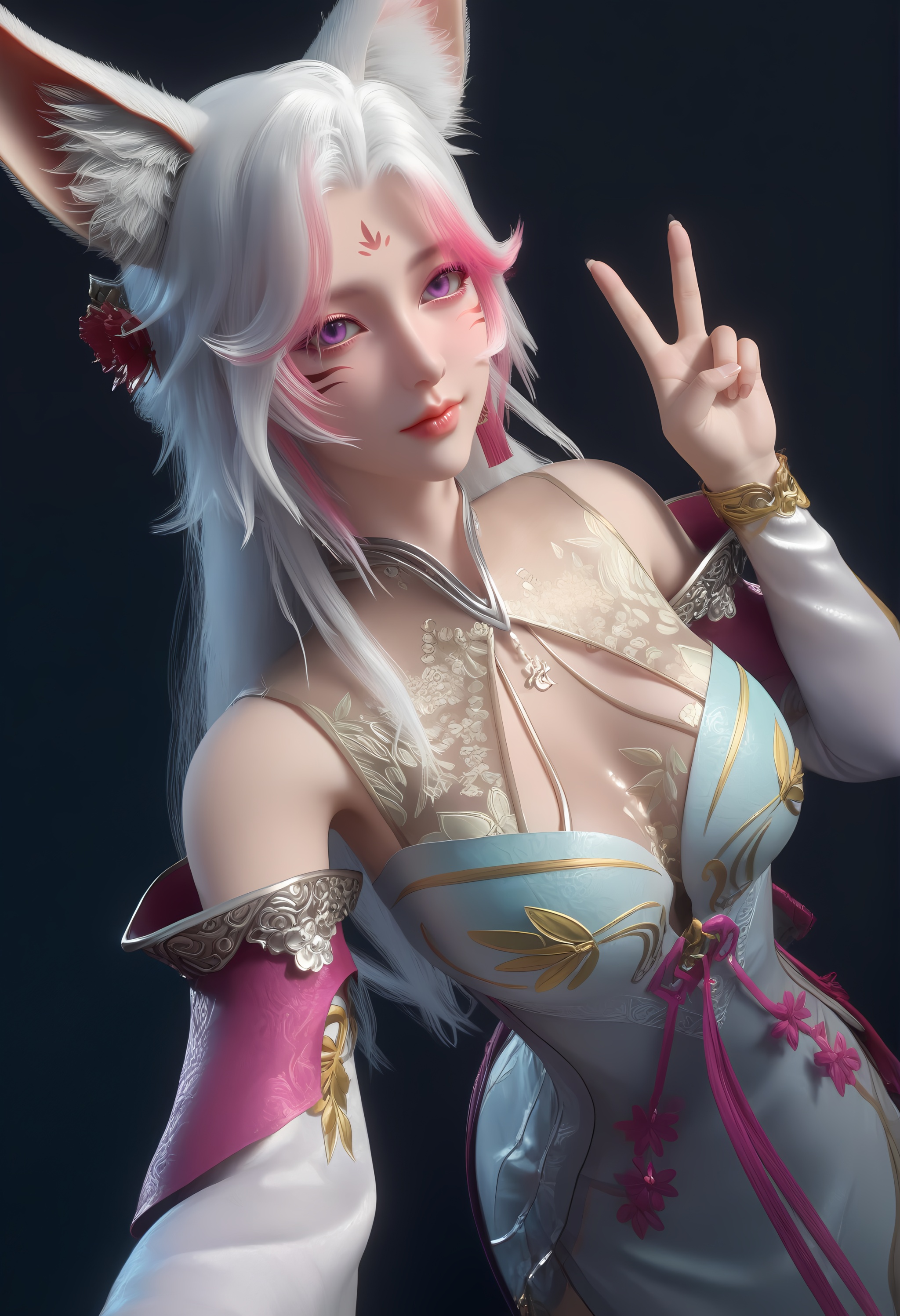 (score_9),cowboy shot,<lora:Sfox-apony:0.83>,sfox,1girl,solo,purple eyes,fox ears,streaked hair,animal ear fluff,long hair,white hair,facial mark,forehead mark,hair flower,jewelry,see-through cleavage,dress,detached sleeves,pink sash,<lora:Expressive_H-000001:0.8>,light blush,front view,looking at viewer,dutch angle,dynamic_angle,from above,selfie,v sign,closed mouth,mature female,collarbone,pointy breasts,puffy breasts,((large teardrop breasts)),cleavage,see-through cleavage,<lora:e肤色滑块:0.35>,fair_skin,(pale_skin),(white_skin),light skin,ultra-detailed skin texture,detailed textures,BREAKsimple background,black background,