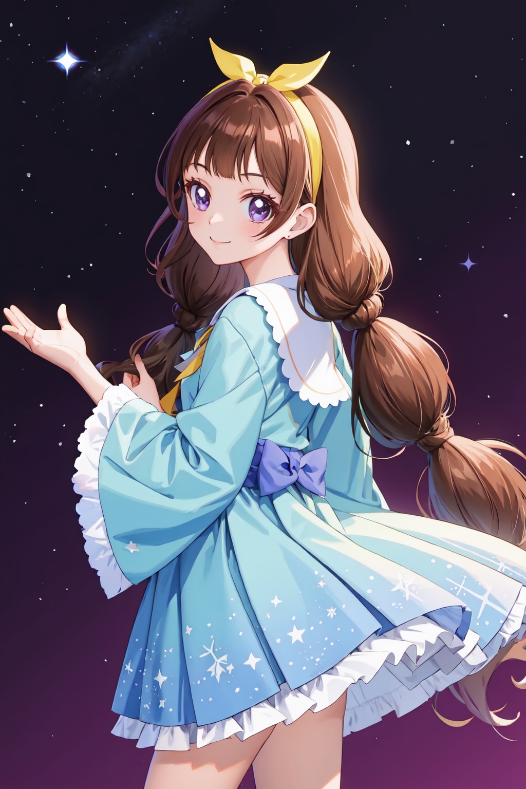 amanogawa_kirara,1girl,solo,smile,looking_at_viewer,hairband,star_(symbol),twintails<lora:amanogawa_kirara:1>,simple background,white backgroundmasterpiece,best quality, highly detailed, 