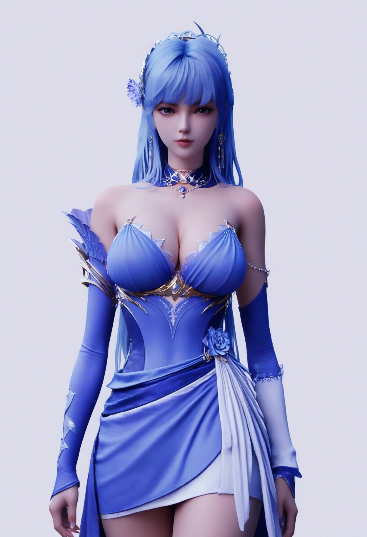 score_9,<lora:SF_ShengCarErThirdClothes_Pony_Realism2.3-000003:0.7>,1girl,solo,clothes,bare shoulders,blue hair,breasts,detached sleeves,bangs,large breasts,blue dress,standing,long hair,fair_skin,white_skin,Ivory_skin,looking at viewer,white background,simple background,cowboy_shot,