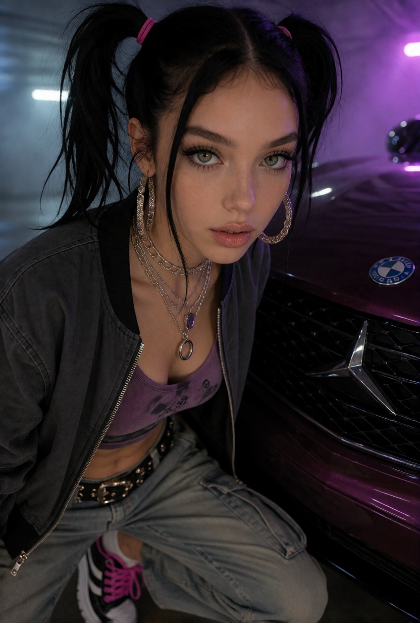 MikaX,  long black hair styled in high twin ponytails with pink hair ties and loose face-framing strands.***** women with...