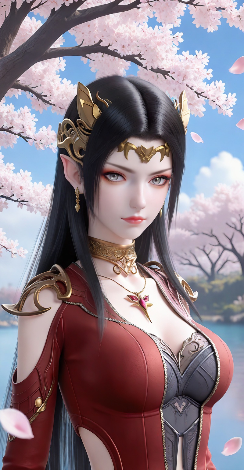 masterpiece,best quality,amazing quality,4k,very aesthetic,high resolution,ultra-detailed,absurdres,newest,scenery,3d,<lora:美杜莎ILL:0.7>,meidusha,1girl,solo,jewelry,pointy ears,black hair,dress,earrings,blue sky,clothing cutout,red dress,long hair,sky,hair ornament,grey eyes,necklace,petals,falling petals,cherry blossoms,closed mouth,upper body,breasts,outdoors,metal collar,cloud,looking at viewer,