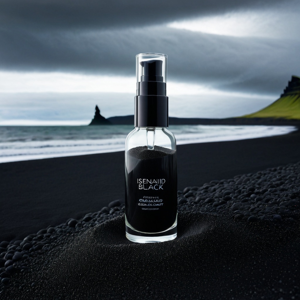 sceneicelablack,  a glass skincare bottle,  Icelandic black sand coast on Tensor.Art
