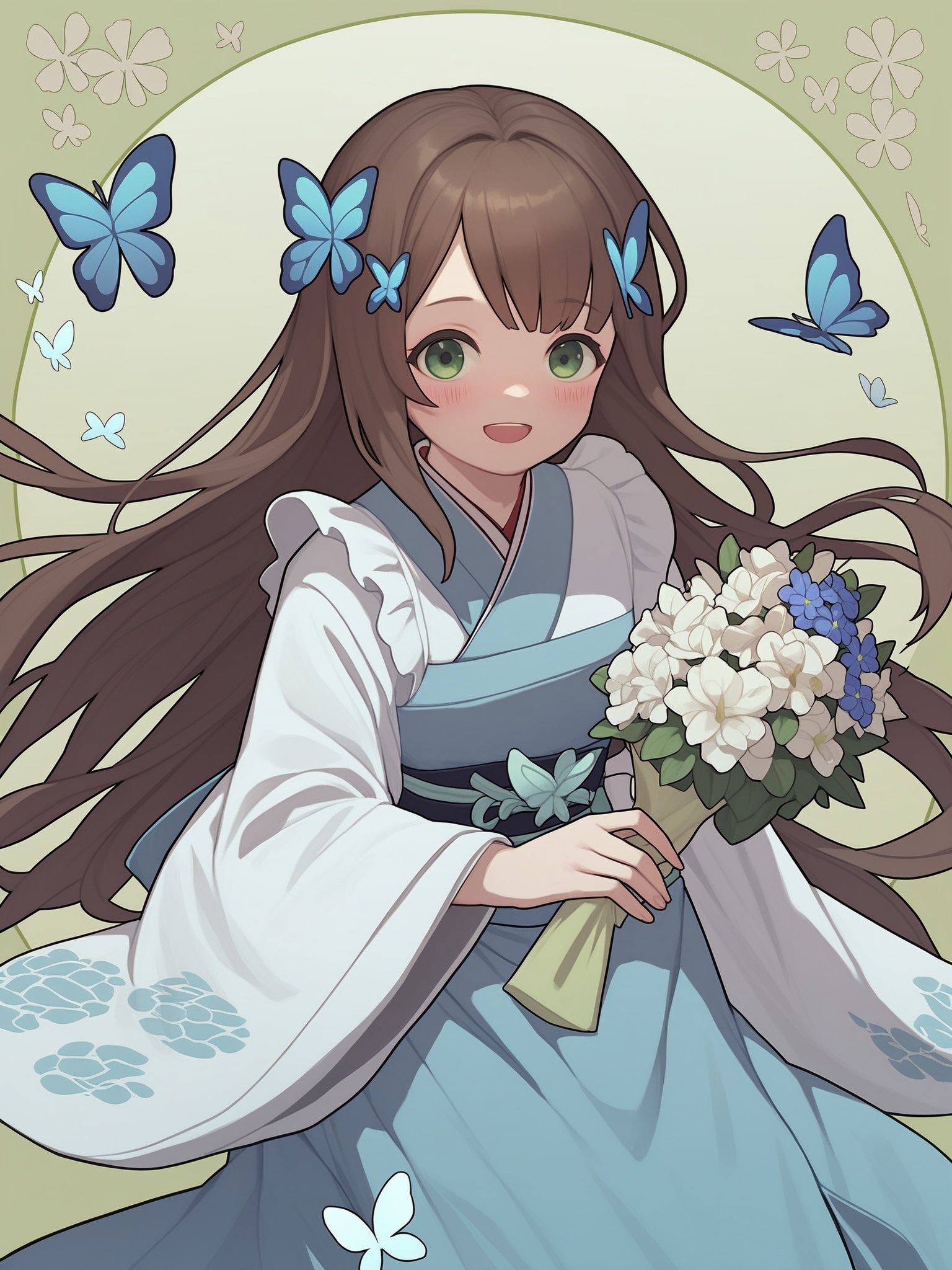 score_10,score_9,score_8_up,score_7_up,1girl,hair ornament,solo,long hair,butterfly,brown hair,flower,green eyes,bug,looking at viewer,smile,blue butterfly,open mouth,holding,wide sleeves,apron,japanese clothes,x hair ornament,bouquet,frills,kimono,long sleeves,blush,holding bouquet,:d,
