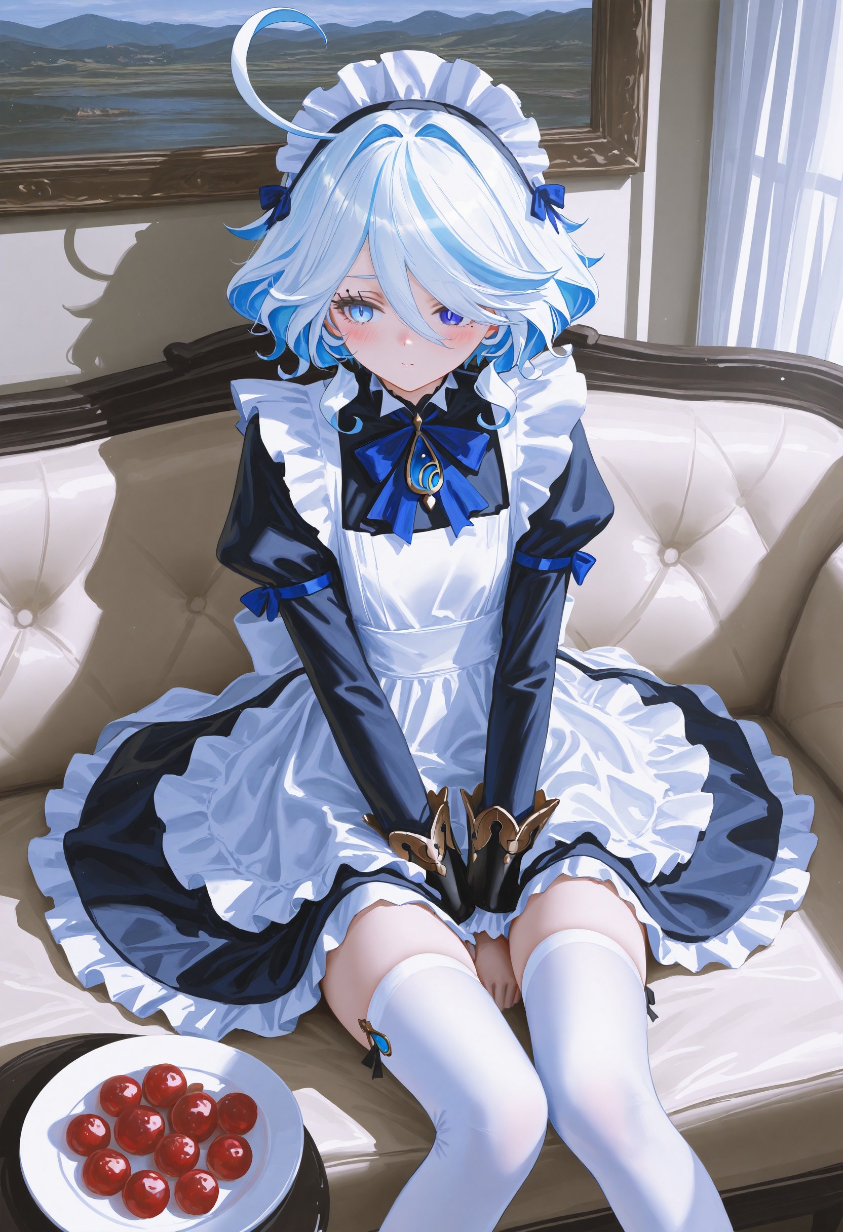 masterpiece,best quality,wanke, impressionism, stu dts, infukun, reoen, shion \(mirudakemann\), wlop, (isshiki \(ffmania7\):0.9),FURINA\(genshin impact\),blue eyes,maid,blue hair,apron,maid headdress,ahoge,solo,thighhighs,food,bow,maid apron,long sleeves,white hair,dress,candy,juliet sleeves,blush,blue bow,frills,puffy sleeves,sitting,