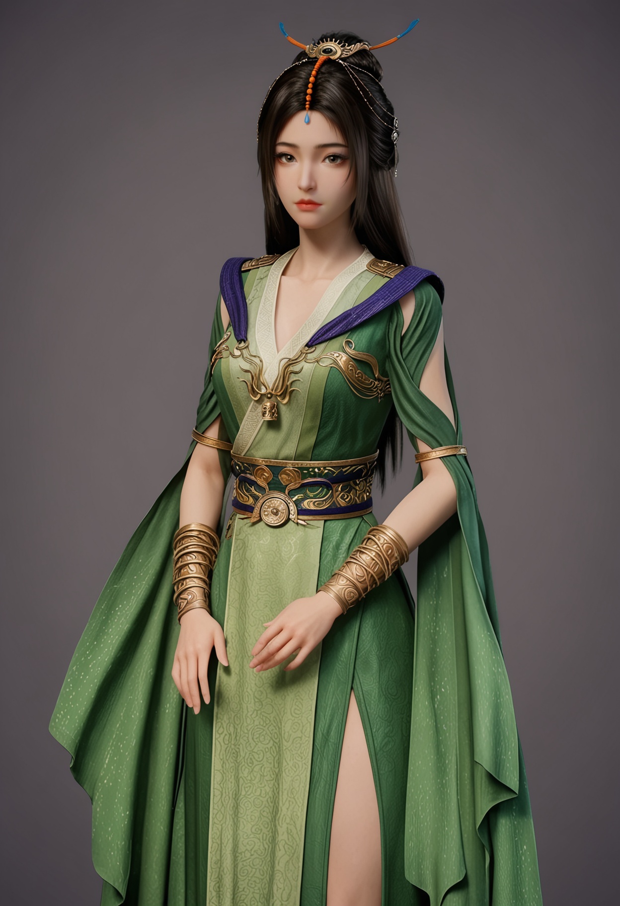 score_9,looking_at_viewer,upper body,(large breasts:0.8),liuyu,1girl,solo,black hair,hair ornament,long hair,green dress,realistic,dress,chinese clothes,closed mouth,jewelry,bracelet,sash,hair bun,brown eyes,clothing cutout,barefoot,(simple background,pure black background,black background:1.1),perfect_anatomy,<lora:QQSponyliuyuV1:0.8>,