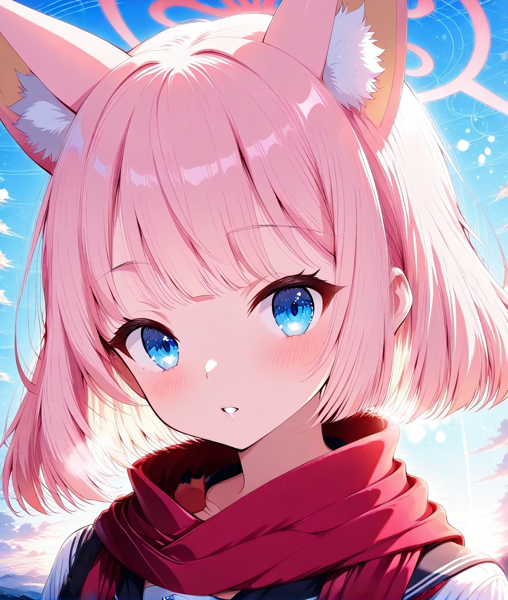 O,ultra detailed anime texture,Yazawa Nico(blue archive),Blue aura,Yazawa Nico(blue archive),1girl, solo, animal ears, pink hair, blue eyes, animal ear fluff, scarf, red scarf, parted lips, looking at viewer, blush, halo, short hair, sky, bangs, outdoors, cloud, sailor collar, day, black sailor collar, extra ears, blue sky, school uniform, upper body, fox ears, shirt, portrait, serafuku, white shirt,(UHD),ccurate,super detail,award winning,high quality,best quality,high details,textured skin,anatomically correct,retina,HD,16k,