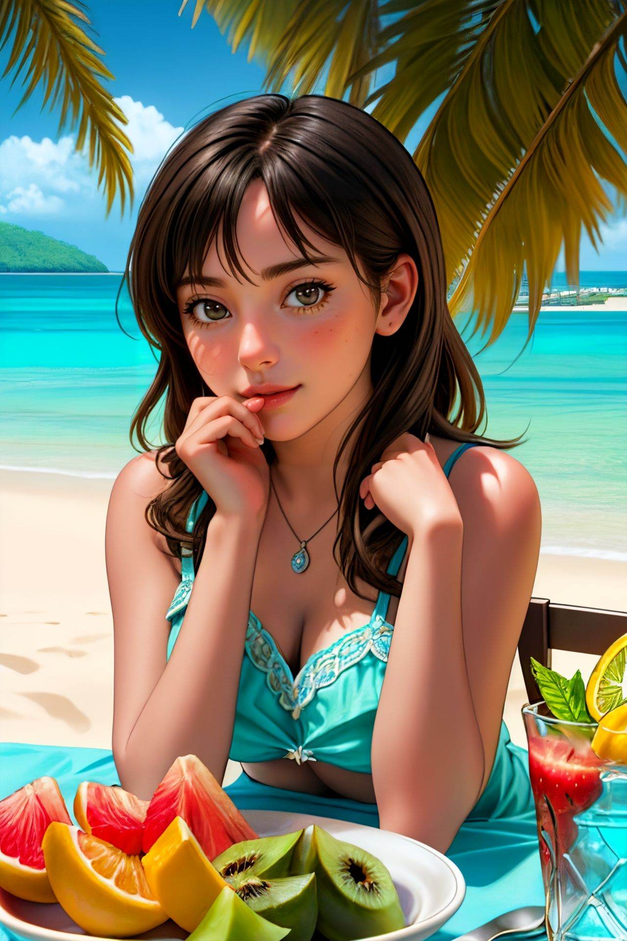 best ratio four finger and one thumb,  young european woman sitting on the beach of a tropical island eating tropical frui...