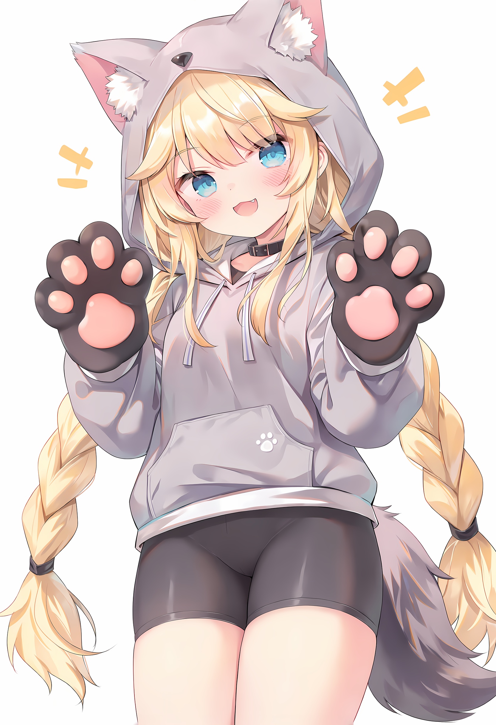 1girl, long hair, blue eyes, blonde hair, shorts, hood, animal ears, solo, tail, open mouth, hoodie, black shorts, short shorts, simple background, white background, animal hands, animal ear fluff, bike shorts, thighs, twin braids, braid, dog tail, paw gloves, very long hair, blush, white hoodie, dog ears, fang, animal hood, wolf tail, looking at viewer, smile, hat<lora:chenbin-anima-preview-000081:1.0>
