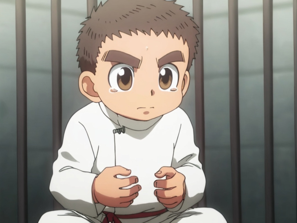 <lora:Zushi_XL:1>,zushi,masterpiece,best detail,best quality,prison cell,1boy,solo,toddler,petite,thick eyebrow,(very short hair:1.1),brown eyes,big_eyes,correct eyes,(perfect hands,5fingers:1.6),white dobok,black lining,correct anatomy,tearing_up,indian_style,(full_shot:1.6),available light,incredibly absurdres,