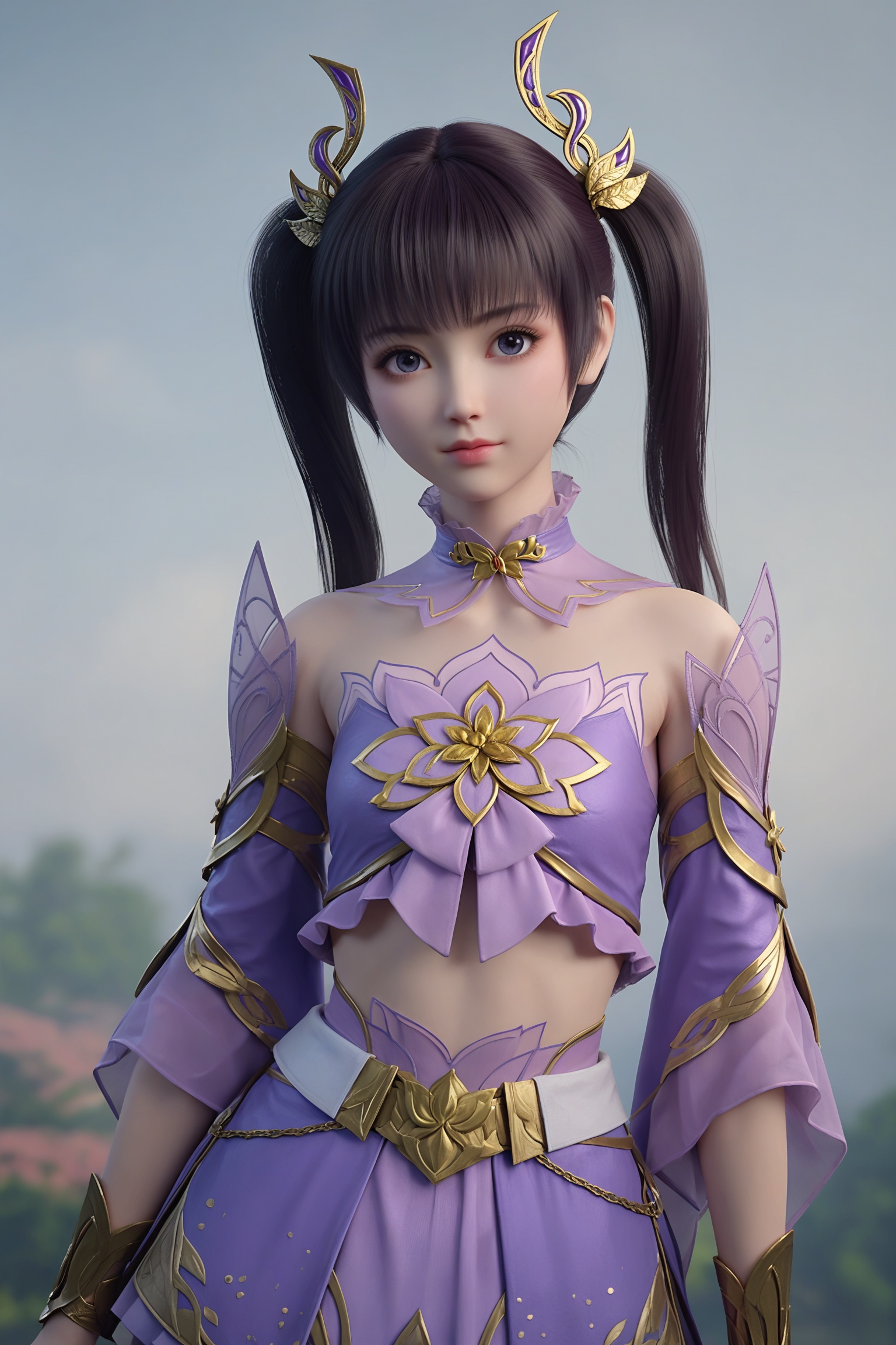 realistic style photo outstanding style,tall,cute,in her teens. Use soft lighting to cast gentle shadows on the subject,adding a touch of dimension to your images without compromising details,score_9,score_8_up,score_7_up,looking at viewer,upper body,<lora:斗破苍穹-紫妍Pony:0.6>,1girl,dark brown hair is styled in two high ponytails adorned with golden accessories.  wearing a fantastical,ornate outfit that includes a sleeveless,strapless top with intricate,gold detailing,a matching skirt,and thigh-high boots.,