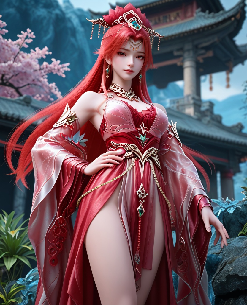 (oriental architecture, elegant decor, sophisticated style:1.1),Legs apart, one hand on her hip and the other raised as if holding a bow, she channels the spirit of a legendary warrior,(breasts:1.2),<lora:XL16完美世界戚琳:0.95>,miss qilin,red dress,red eyes,red hair,very long hair,hair ornament,traditional chinese updo with long front strands,earrings,jewelry,red bra,bare shoulders,choker,sash,, zPDXL2, score_9, score_8_up, score_7_up BREAK realistic, masterpiece,best quality, highly detailed,, zPDXL3, zPDXL2,zPDXL, zPDXLxxx, zPDXLrl,