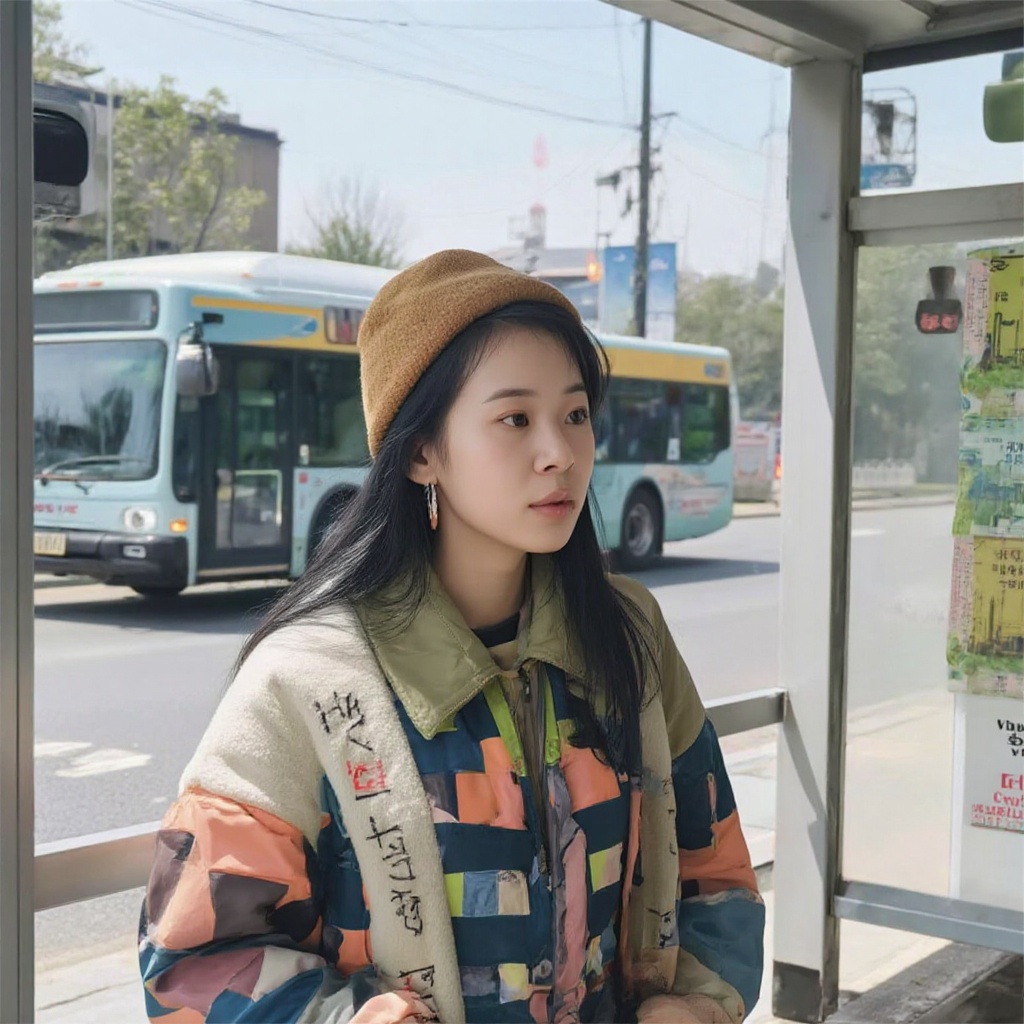 An Asian beauty wearing trendy clothes is waiting for a bus at the bus stop.,